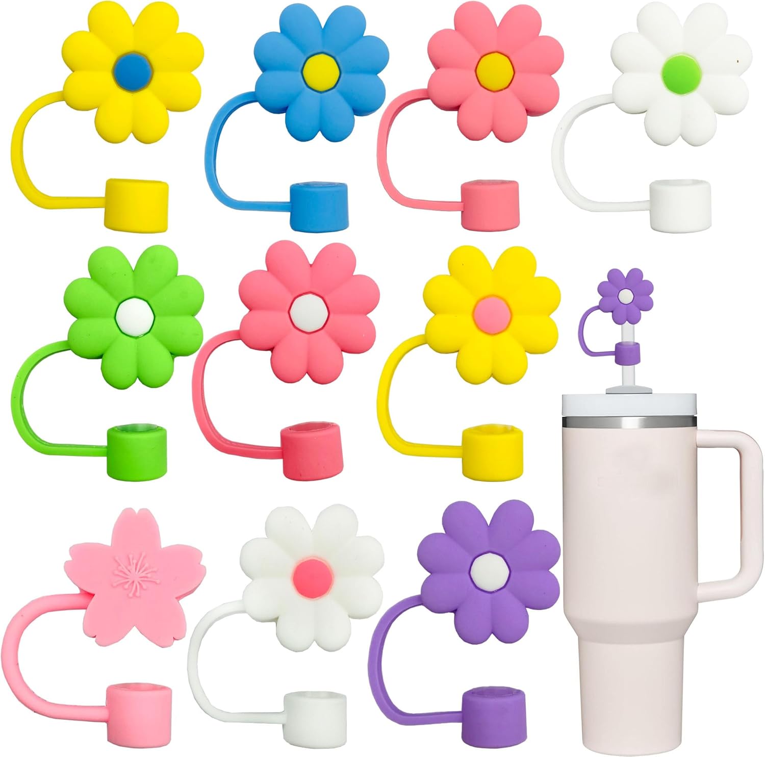10pcs Flower Straw Covers Cap Toppers Compatible with Stanley 30&40 Oz 10mm Daisy