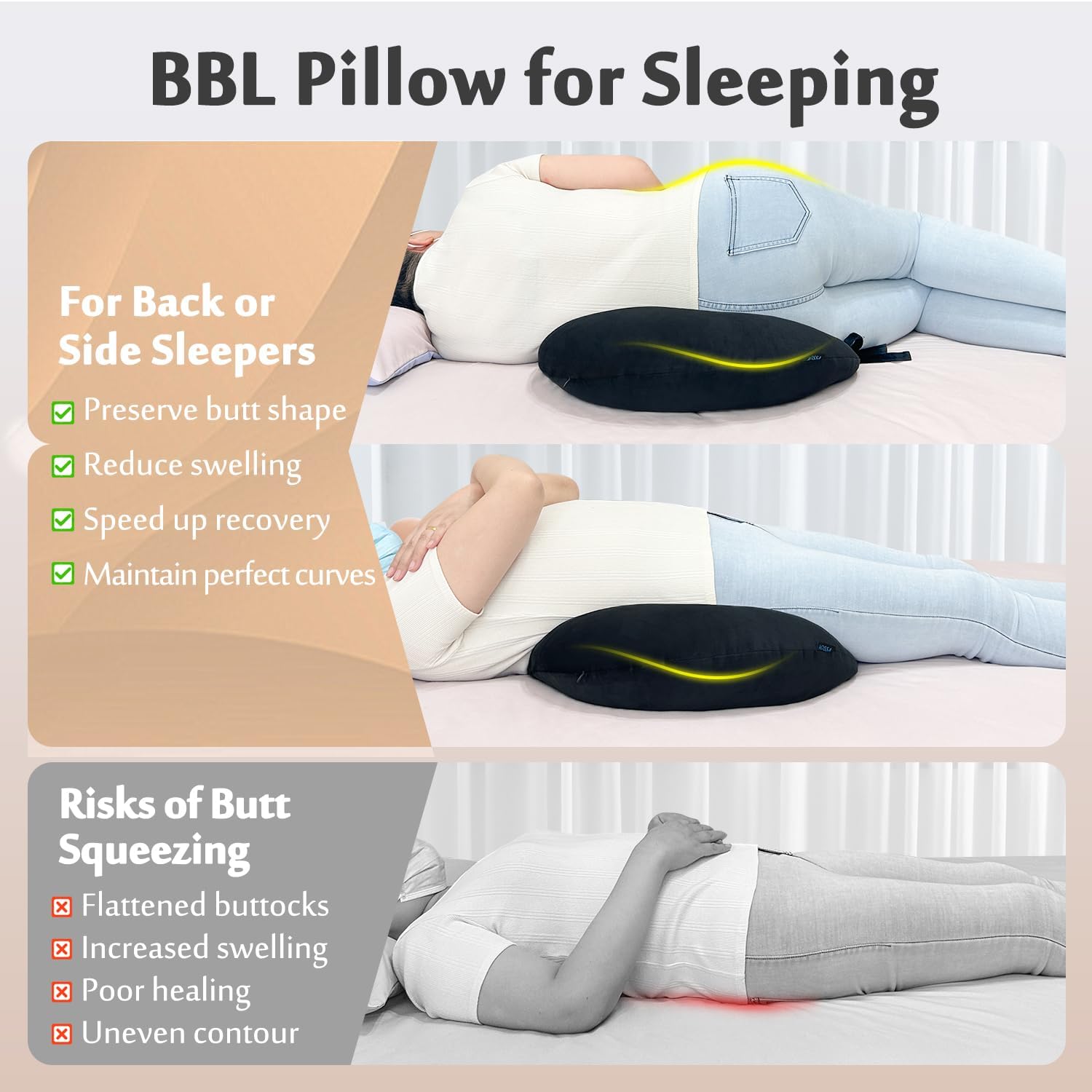 AOSSA BBL Pillow After Surgery for Sleeping, Brazilian Butt Lift Post Surgery for Sitting Driving, Booty Lumbar Seat Cushion, Hip Support for Chair Bed Donut Pillow, BBL Recovery Supplies (Black)