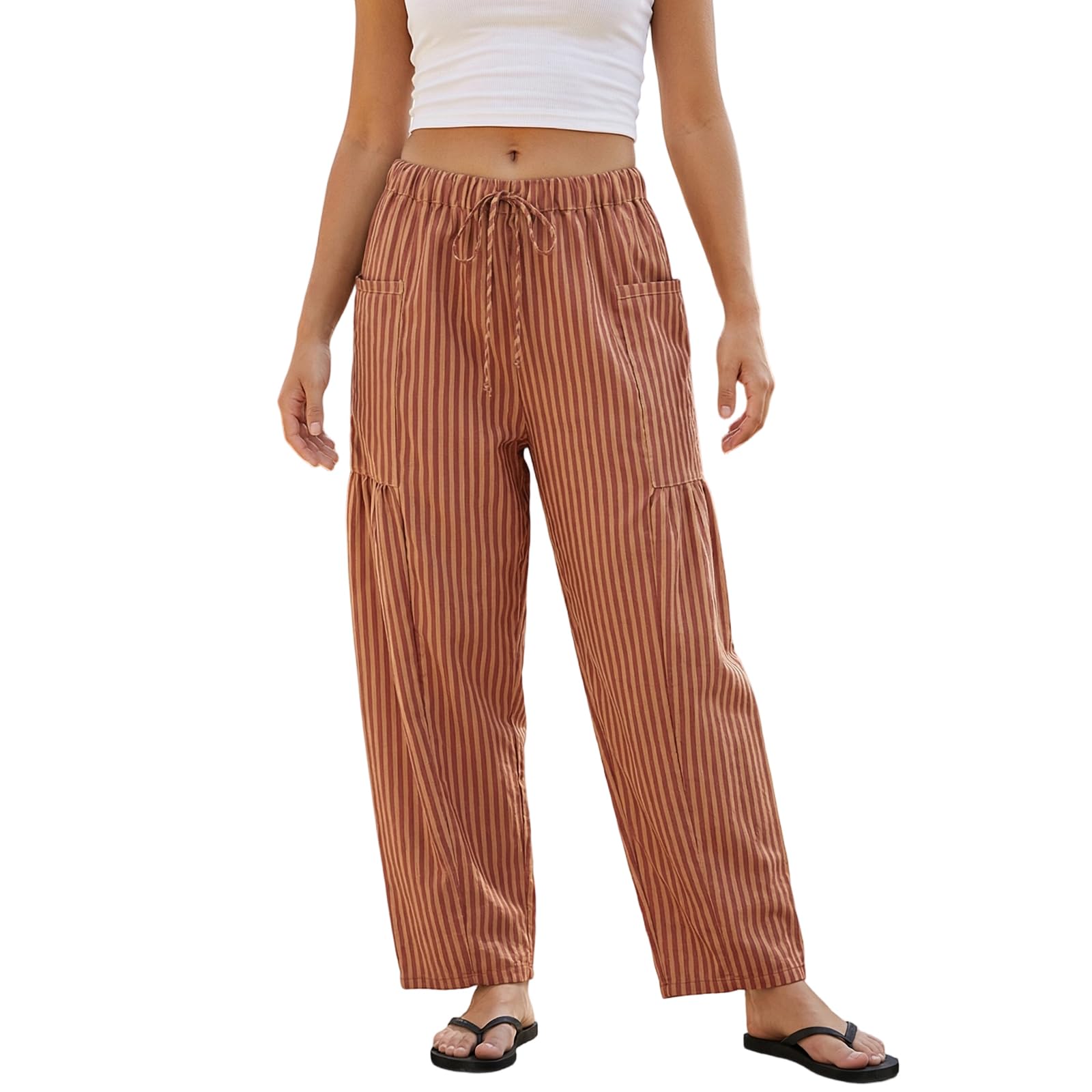 Sexy Outfit Pantalon Sarouel rayé en Coton et Lin pour Femmes, Ample, Jambes Larges, Cordon de Serrage, Pantalon de Plage avec Poches, vêtements de détente d'été