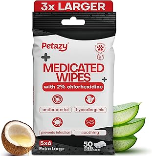 Petazy 2% Chlorhexidine Wipes for Dogs 3X Larger | Yeast Infection Ringworm Fungus Hot Spot Itch Relief | Medicated Antibacterial Antifungal Gentle Soothing Topical Wipes for Dog Cat | 50 Wipes 5x6