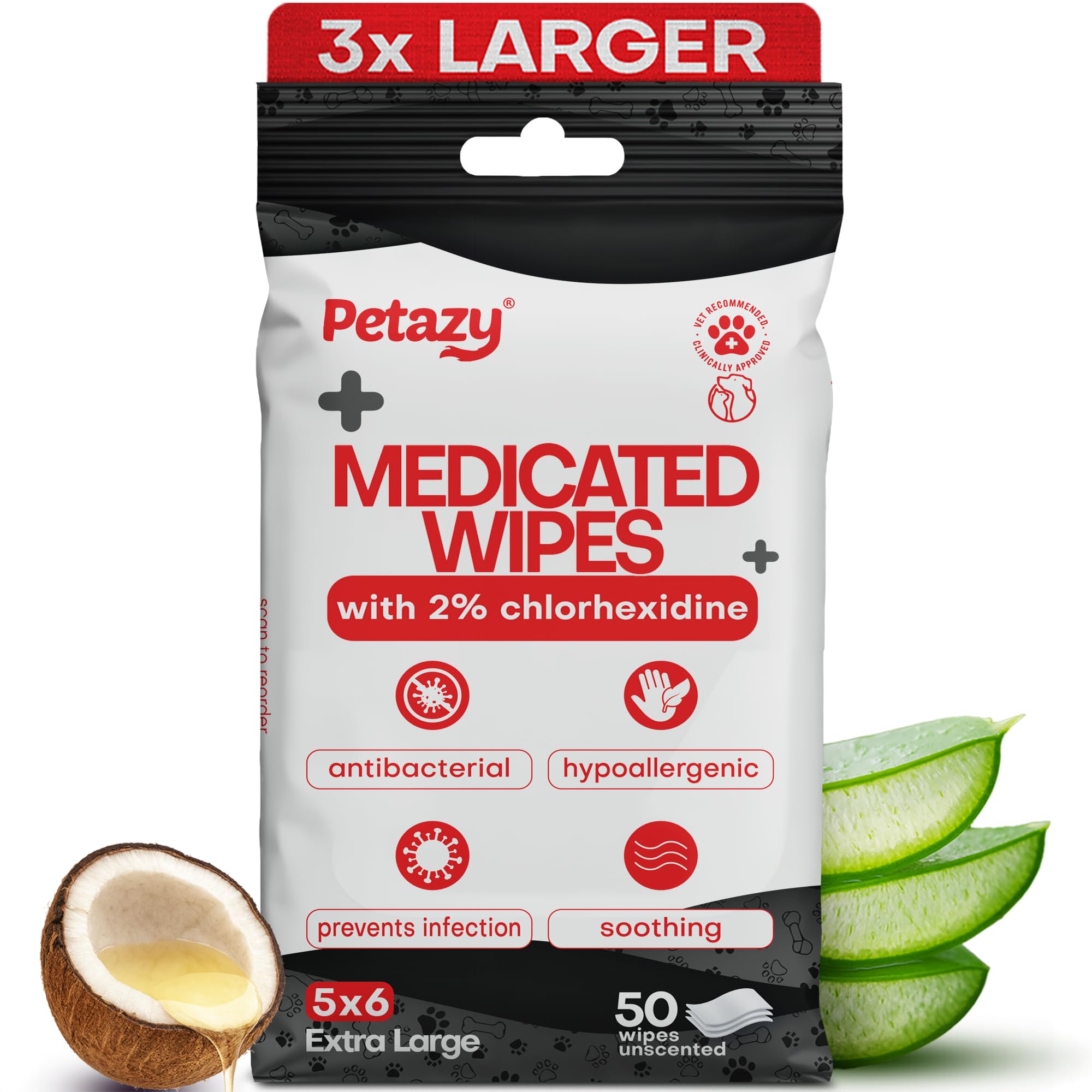 2% Chlorhexidine Wipes for Dogs 3X Larger | Yeast Infection Ringworm Fungus Hot Spot Itch Relief | Medicated Antibacterial Antifungal Gentle Soothing Topical Wipes for Dog Cat | 50 Wipes 5x6