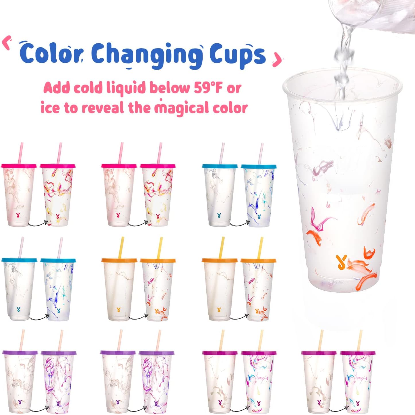 Meoky Color Changing Cold Cups with Lids and Straws - 10 Pack 24 oz Plastic Cute Tumblers Bulk, Reusable for Kids Women Party, Iced Coffee(Swirl)