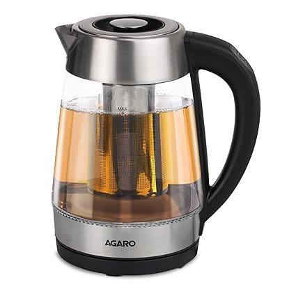 AGARO Supreme Electric Glass Kettle With Tea & Coffee Infuser, 1.7L, Borosilicate Glass Body, Variable Temperature Settings, LED Indicator, Auto Shut Off, Stay Warm Function, Fast Boiling, Silver