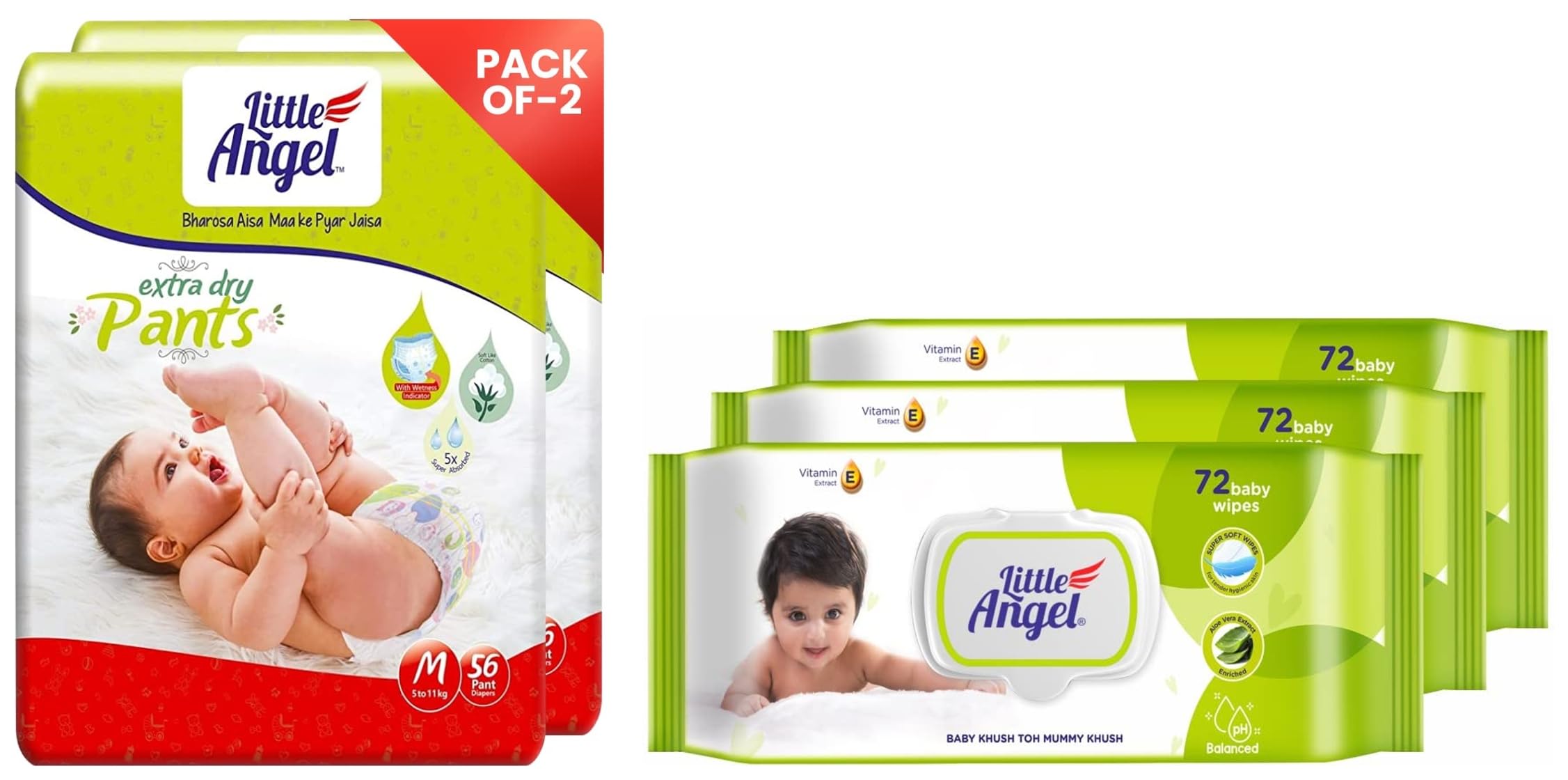 Little Angel Extra Dry Diaper Pants, Medium (M) Size 112 count, Pack of 2 & Soft Cleansing Baby Wipes Lid Pack 216 Count, Enriched with Aloe vera & Vitamin E, Pack of 3, 72 Count/Pack