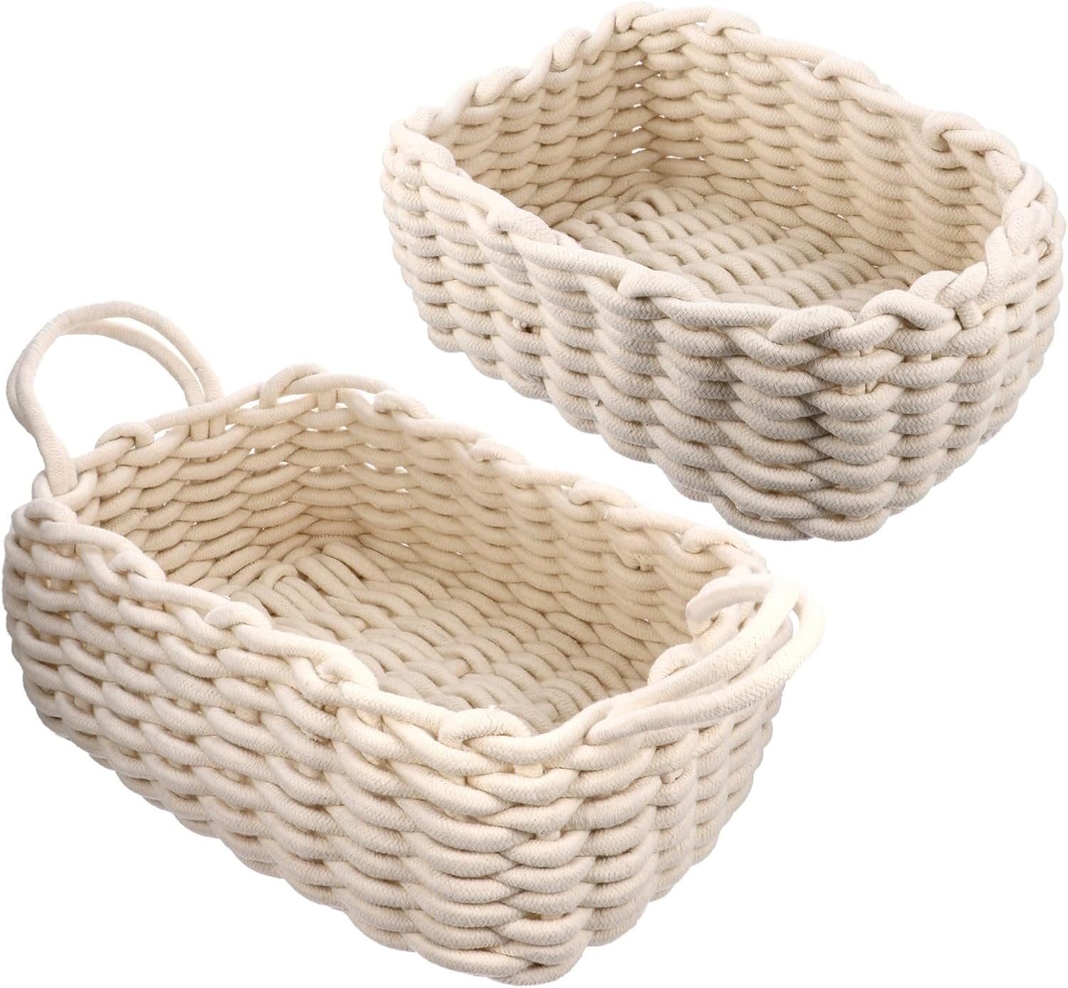 SUPVOX 2pcs Cotton Woven Storage Basket Bin with Handles for Snack, and Sundries Organization, Handwoven Desktop Storage Container for Home and Office
