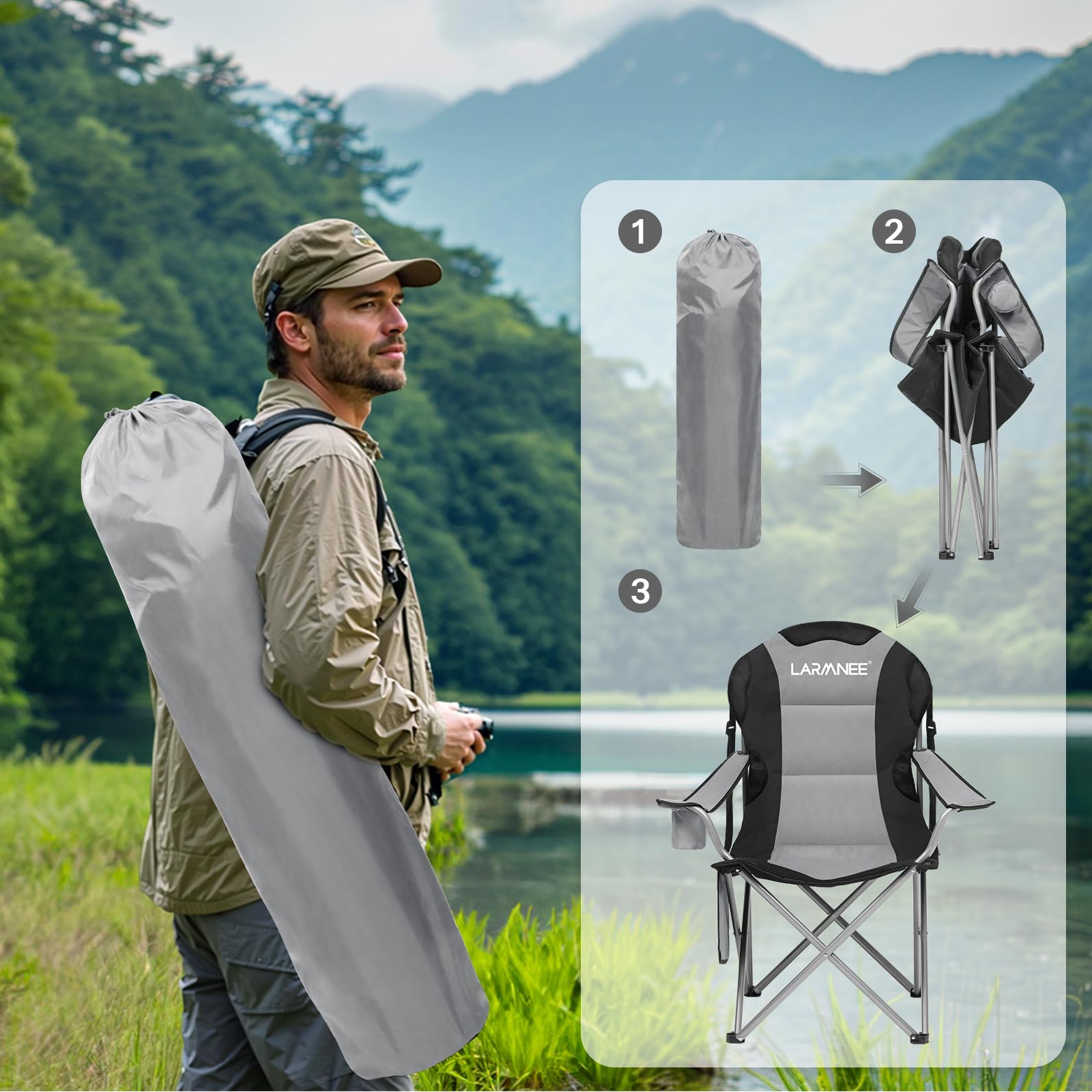 LARMNEE Chaise Camping, Chaise de Pêche Pliante, Porte-gobelet et Pochette latérale, Chaise de Plage avec Dossier Haut et Assise en éponge Respirante, pour Camping, Gris et Noir EBG01LC02N1