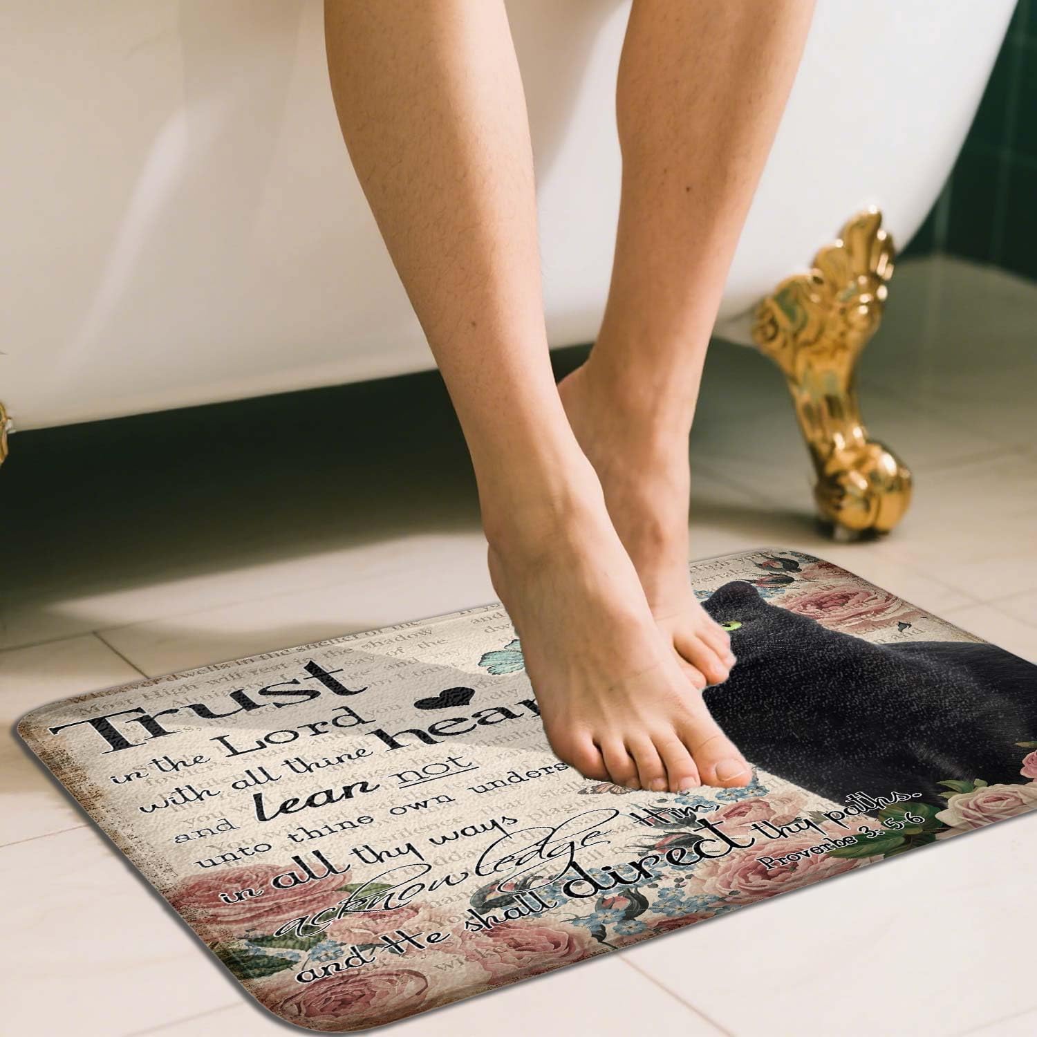 JAWO Cat Bath Mat, Cute Cat Bathroom Microfiber Memory Foam Bathroom Rug Doormat Kitchen Toilet Floor Rug,17X48IN