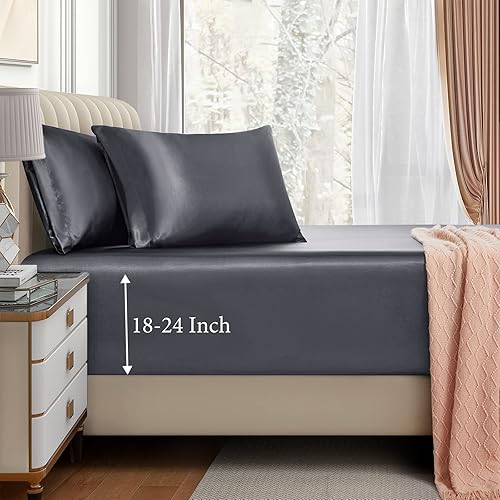 VACVELT Juego de sábanas de satén con bolsillo extra profundo, 3 piezas, tamaño Queen, sábana bajera gris para colchón de 18 a 24 pulgadas, juego de