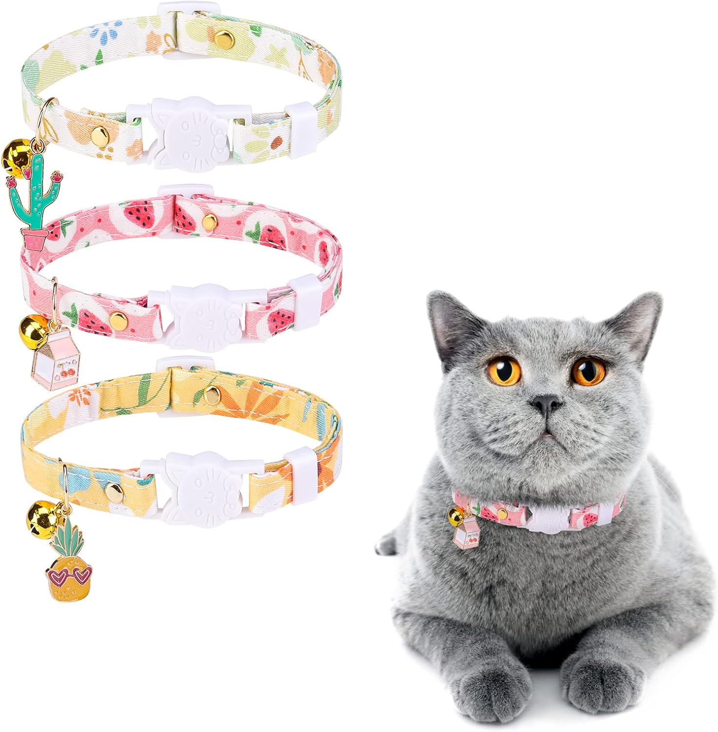 3 Pack Breakaway Cat Collars with Bell- Summer Fruit Pendant Cat Collar for Girl Boy Cats with Safety Buckle- Cute Kitten Collar Adjustable 8″-12″ for Kitty Puppy Small Pets