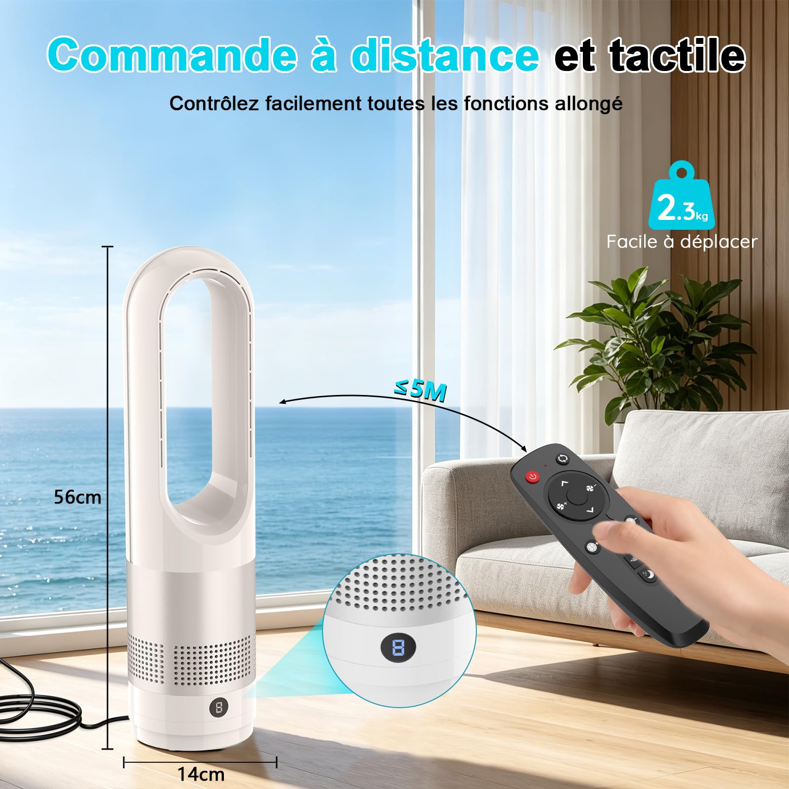 Ventilateur sans Pale Silencieux,Ventilateur Colonne avec Télécommande,Oscillation 80°,Enfants/Animaux,8 Vitesses, Minuterie 8H, Facile à Nettoyer, pour Chambre et Salon