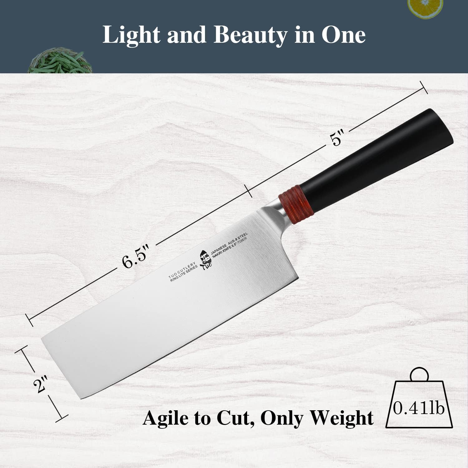 TUO Nakiri Knife 6.5 inch - Professional Kitchen Vegetable Cleaver Knife Asian Usuba Knives for Vegetables and Fruits - AUS-8 Stainless Steel with Pakkawood Handle - Ring Lite Series with Gift Box