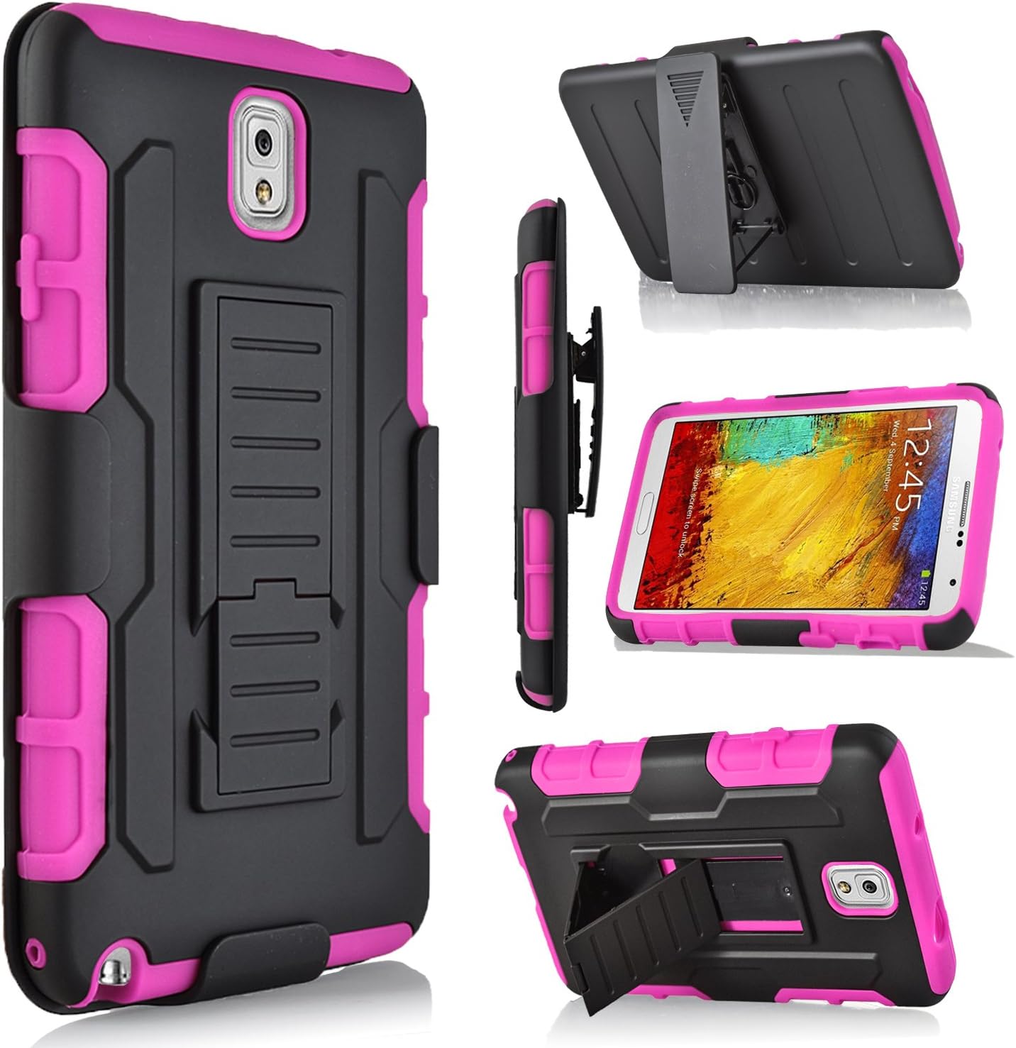 Galaxy Note 3 Case, Note 3 Case, Starshop(TM) Hybrid Full Protection High Impact Dual Layer Holster Case with Kickstand and Locking Belt Swivel Clip with Premium Screen Protector Pink