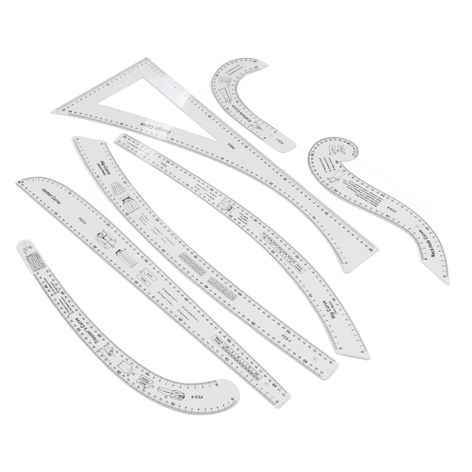 7Pcs Fashion Clear Metric Sewing Ruler Set, French Curve Pattern Ruler Kit for Beginners, Tailors, and Designers, Fashion Design Dress Makers Ruler, Clear Sewing Tailors Pattern Making Ruler