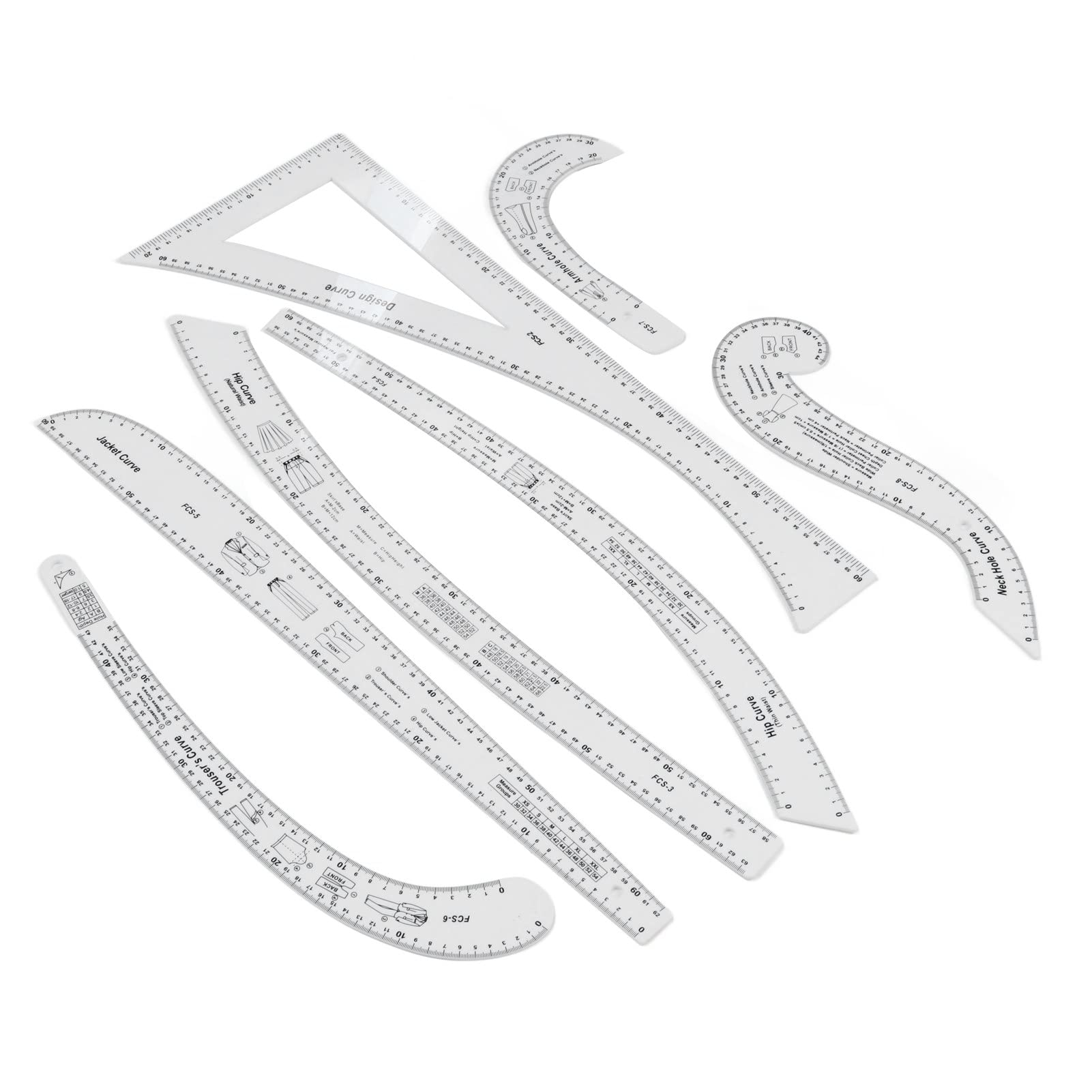 Set di 7 righelli per cucire francesi, set di righelli per sartoria, scala trasparente, alla moda, set di righelli da cucito multiuso per realizzare disegni
