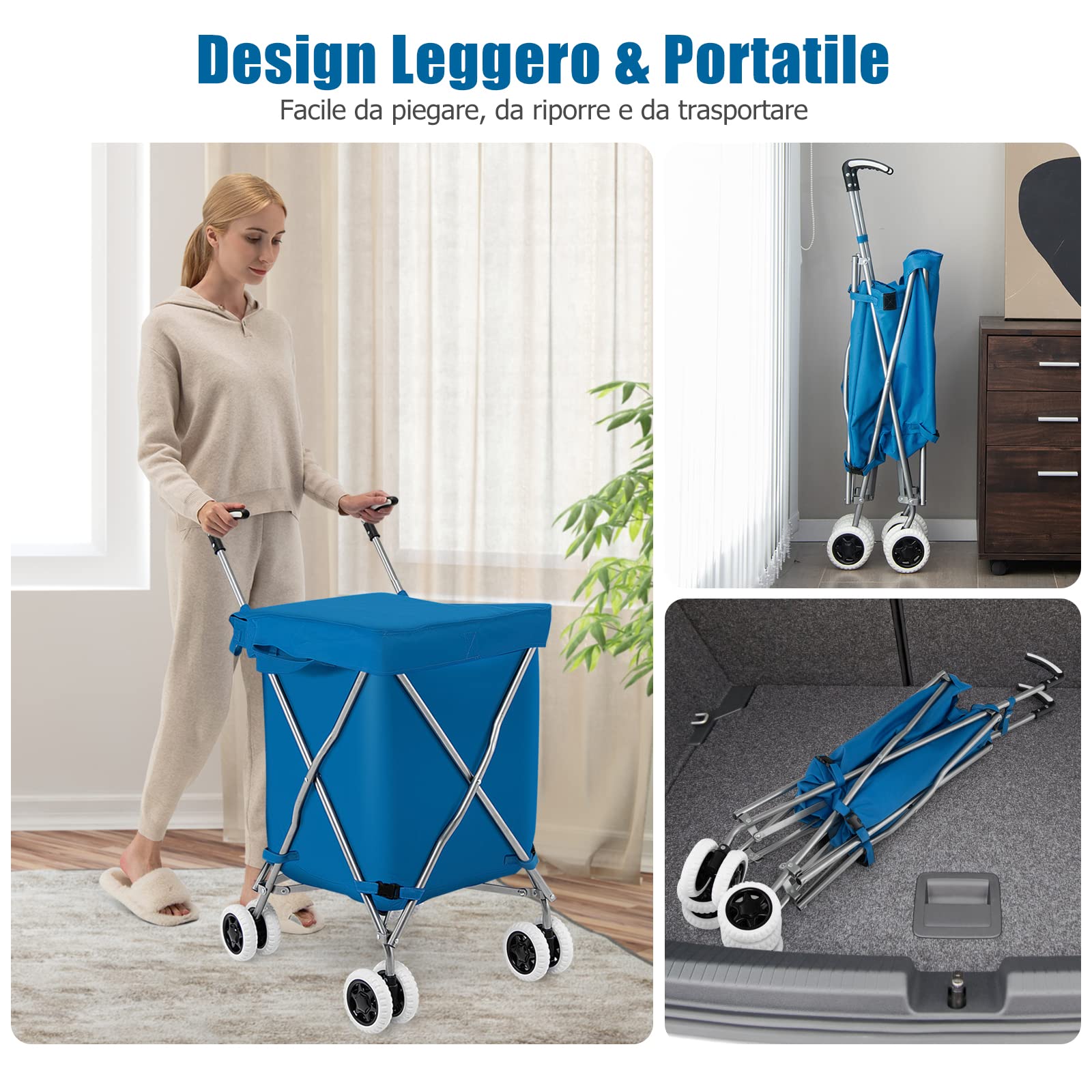GYMAX Trolley per Spesa Pieghevole, Capienza di 90 L, Portata di 55 kg, Richiudibile e Staccabile, con 4 Ruote, Doppio Manico e Coperchio, Materiale Impermeabile, 46x66x94,5 cm (Blu)