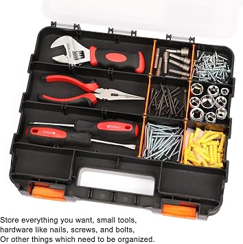 CASOMAN Double Side Tool Organizer with Impact Resistant Polymer and Customizable Removable Plastic Dividers, Hardware Box Storage, Excellent for Screws,Nuts,Small Parts, 34-Compartment, Black/Orange