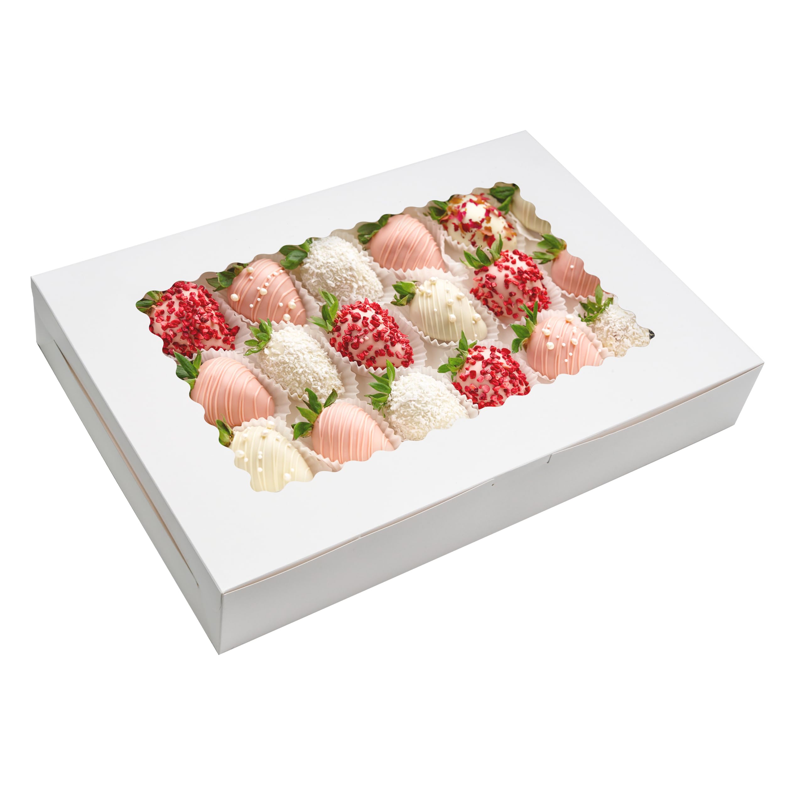 5 Pack Cookie Boxes 16x11x2.5inch Bakery Boxes with Window Treat Boxes for Cookie Packaging Gift Giving Dessert Boxes for Chocolate Covered Strawberries, Donuts, Cocoa Bombs (White)