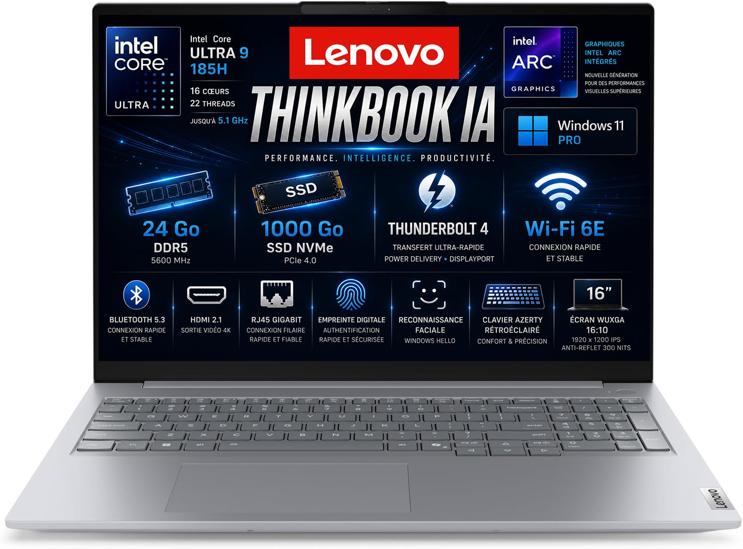 Lenovo ThinkBook Ordinateur Portable IA, Intel Ultra 9 185H, RAM 24Go DDR5, SSD 1To, Écran 16" FHD, Thunderbolt 4, Windows Hello, Aluminium, Empreinte Digitale, Clavier AZERTY Rétroéclairé, Win11 Pro