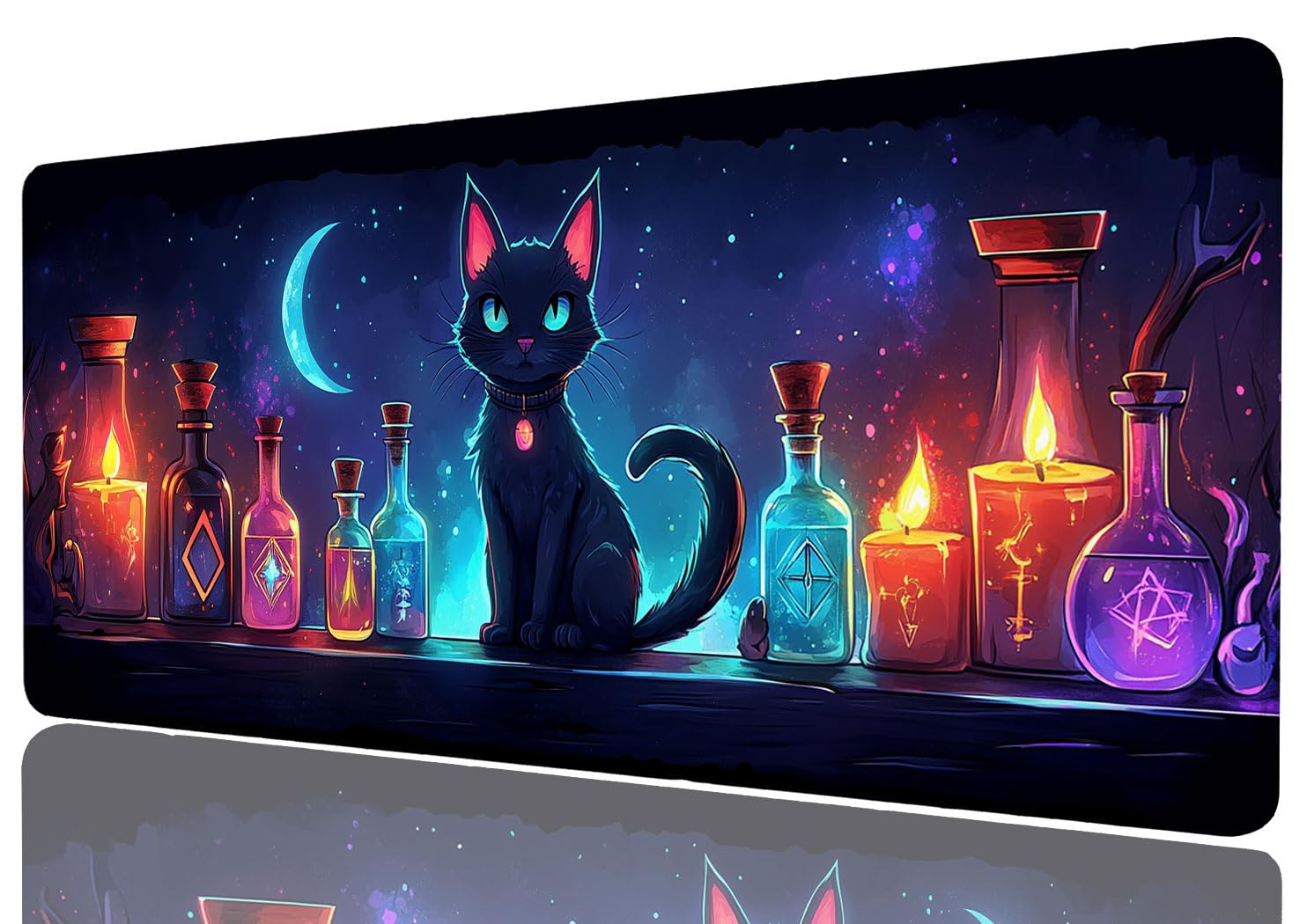Black Cat Desk Mat Gaming Large Mouse Keyboard Pad Dark Academia Fantasy Magical Vials Desktop Mats Computer Keyboard Pad Mouse Mat Laptop Mat Office