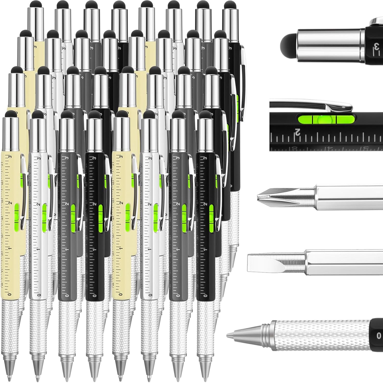 Yeaqee 24 Pcs Father's Day Men Gifts 6 in 1 Screwdriver Multi Tool Pens with Refills Ruler Level Gauge for Bulk Multi Tool Gifts for Adult Men Dad Husband Father's Day Birthday (Fresh Color)