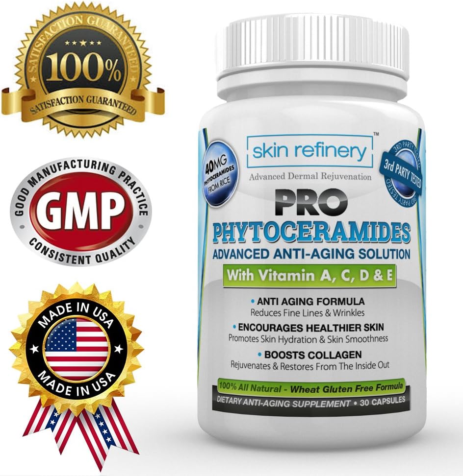 PRO PHYTOCERAMIDES by Skin Refinery | Extra Strength Hair Nails & Skin Supplement Clinically Proven To Deliver Results | 100% All Natural - Wheat & Gluten Free | Includes Vitamins A, C, D, & E & 40mg Of Rice Based Ceramide Which Is SUPERIOR To 350mg Of Wheat Based Ceramide WE STAND BEHIND OUR 100% GAURANTEE
