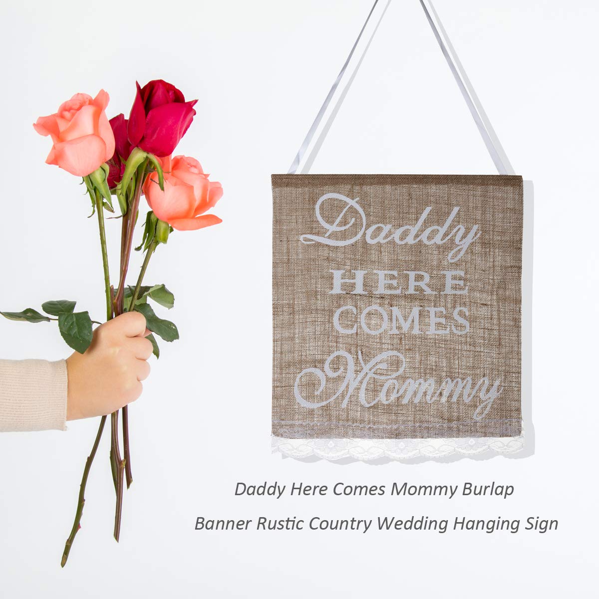 WINOMO Daddy Here Comes Mommy Burlap Banner Rustic Country Wedding Hanging Sign