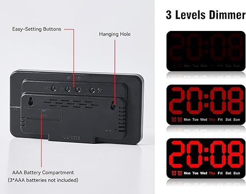 Miniatura 5 de Triangle Plum Reloj de pared digital grande, 9.5 pulgadas, despertador LED con dígitos grandes, DST, alarma doble, brillo de 3 niveles para sala de