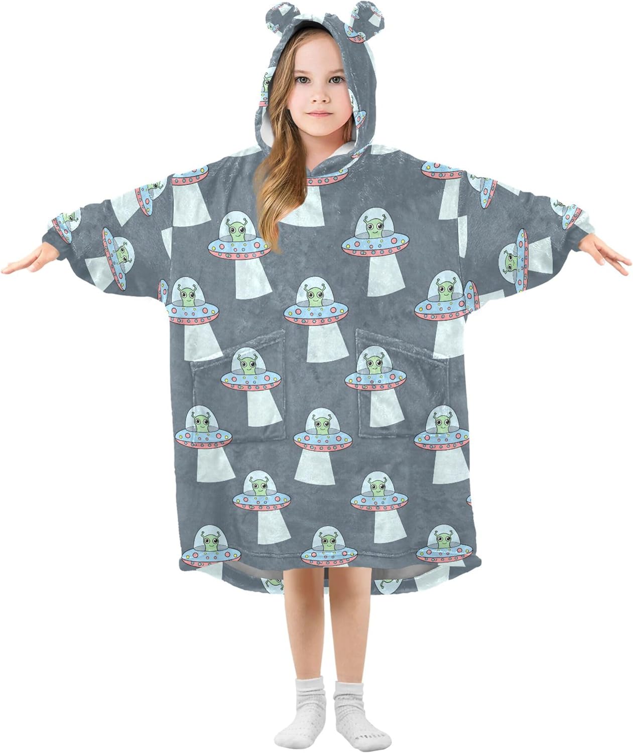 Cute Alien Ufo Kids Wearable Blanket Hoodie with Pocket and Sleeves for Toddlers, Cute Hoodies Girls Boys B0404032