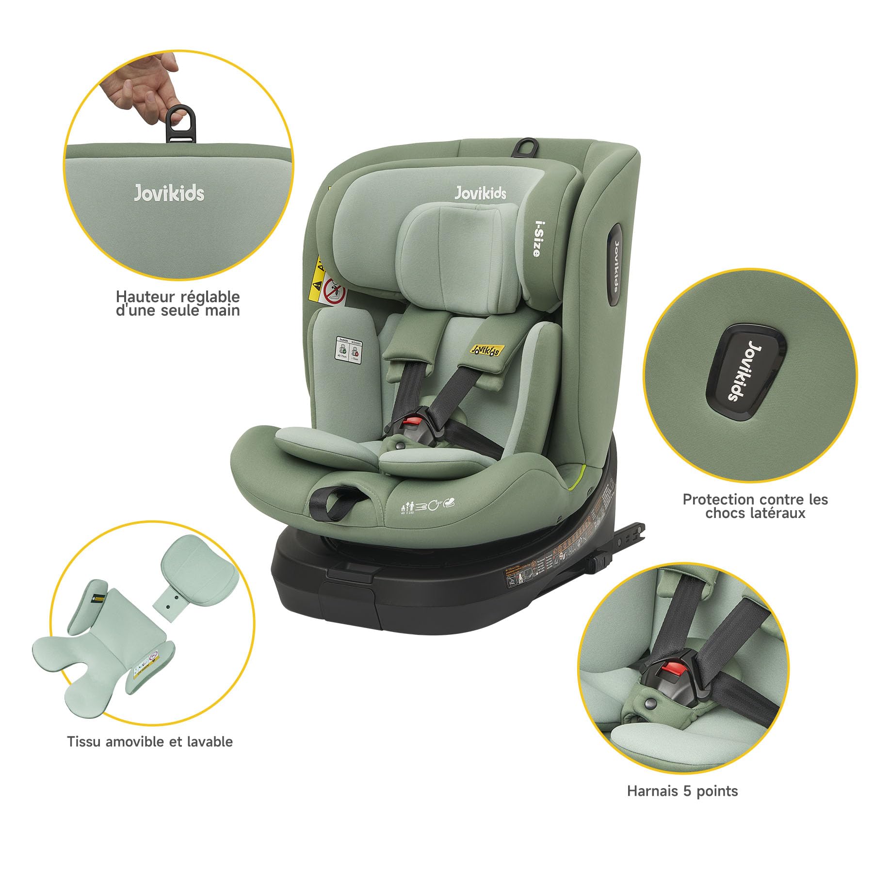 Jovikids Siege Auto, i-Size 40-150 cm, ISOFIX pour Groupe 0/1/2/3, Bébé de 0-12 ans, 0 à 36 kg Environ, ECE R129, 360° pivotant, 12 Positions d'Appui-tête, Top Tether, Siège Auto