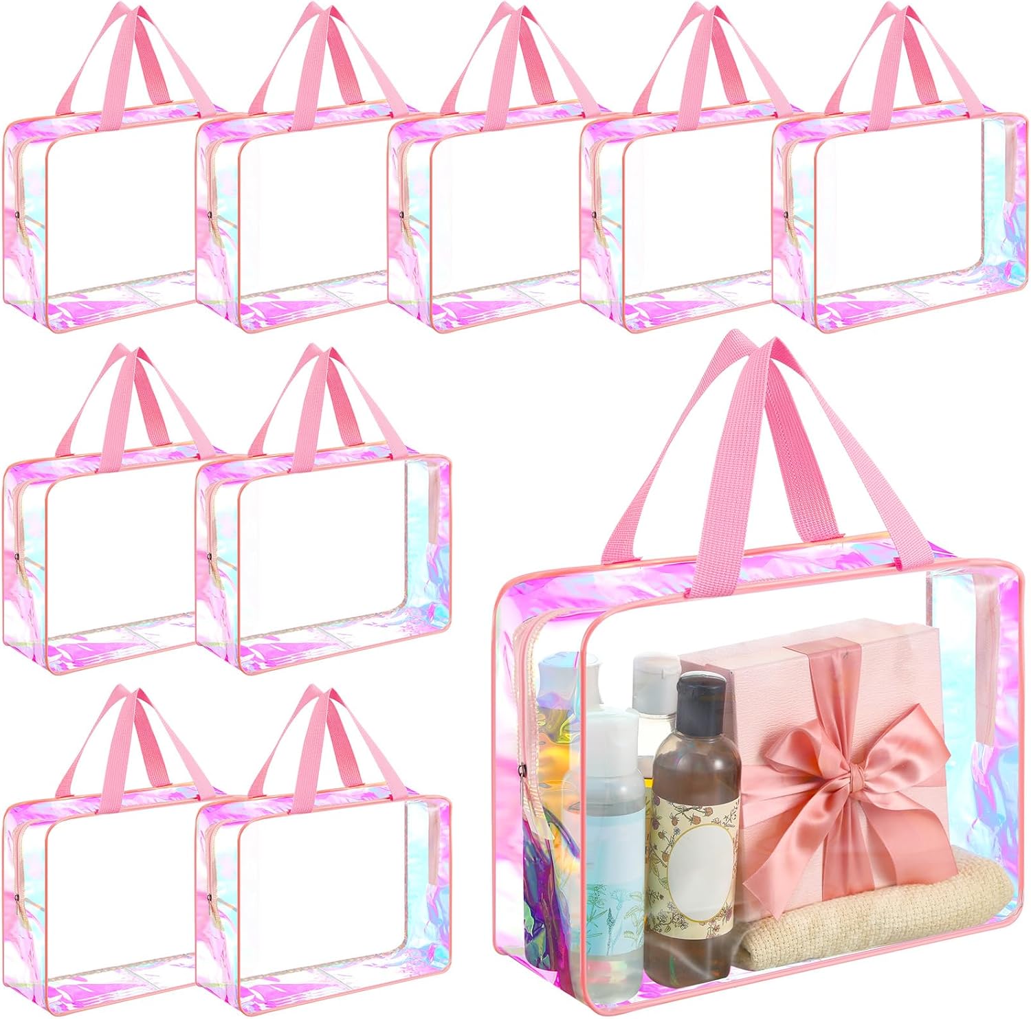 Sweetude 10 Pcs Large Clear Toiletry Bag Large Capacity Travel Iridescent Makeup Bag PVC Clear Plastic Tote Punch Cosmetic Clothes Organizer for Women Men(Pink)