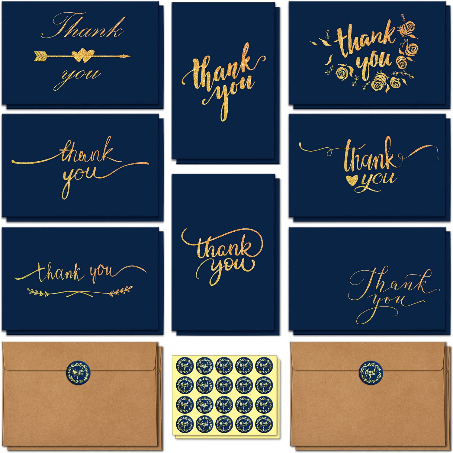 Buy 144 Bulk Thank You Cards with SelfSeal Envelopes, Navy Blue and