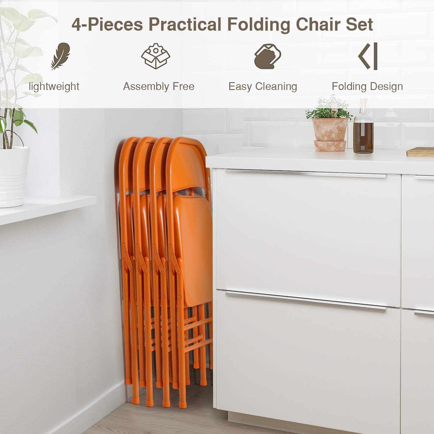 VECELO Metal Frame Folding Hold Up to 350 Pounds, Mounted Steel Chairs with Triple Braced & Double Hinged Back for Home Office, Set of 4, Orange : Home & Kitchen