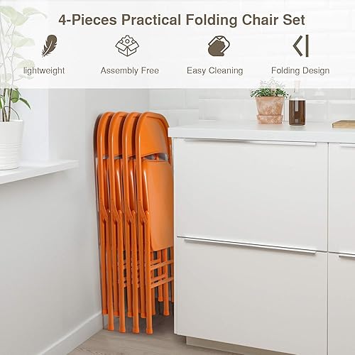 Miniatura 7 de VECELO Sillas plegables de metal apilables de acero con triple refuerzo y doble respaldo con bisagras para oficina en casa, resistentes, juego de 4,