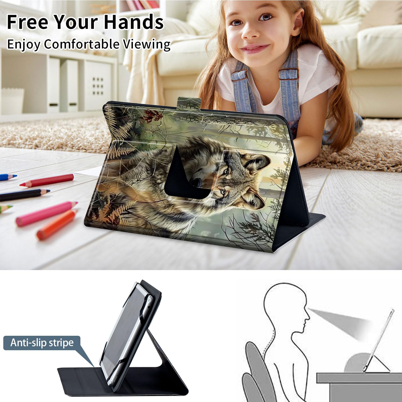 Funda universal para tablet de 9 a 10.5 pulgadas, apta para tablet Fire HD 10, funda protectora universal para tablet, con banda de fijación ajustable y múltiples ángulos de visión, lobo espiritual