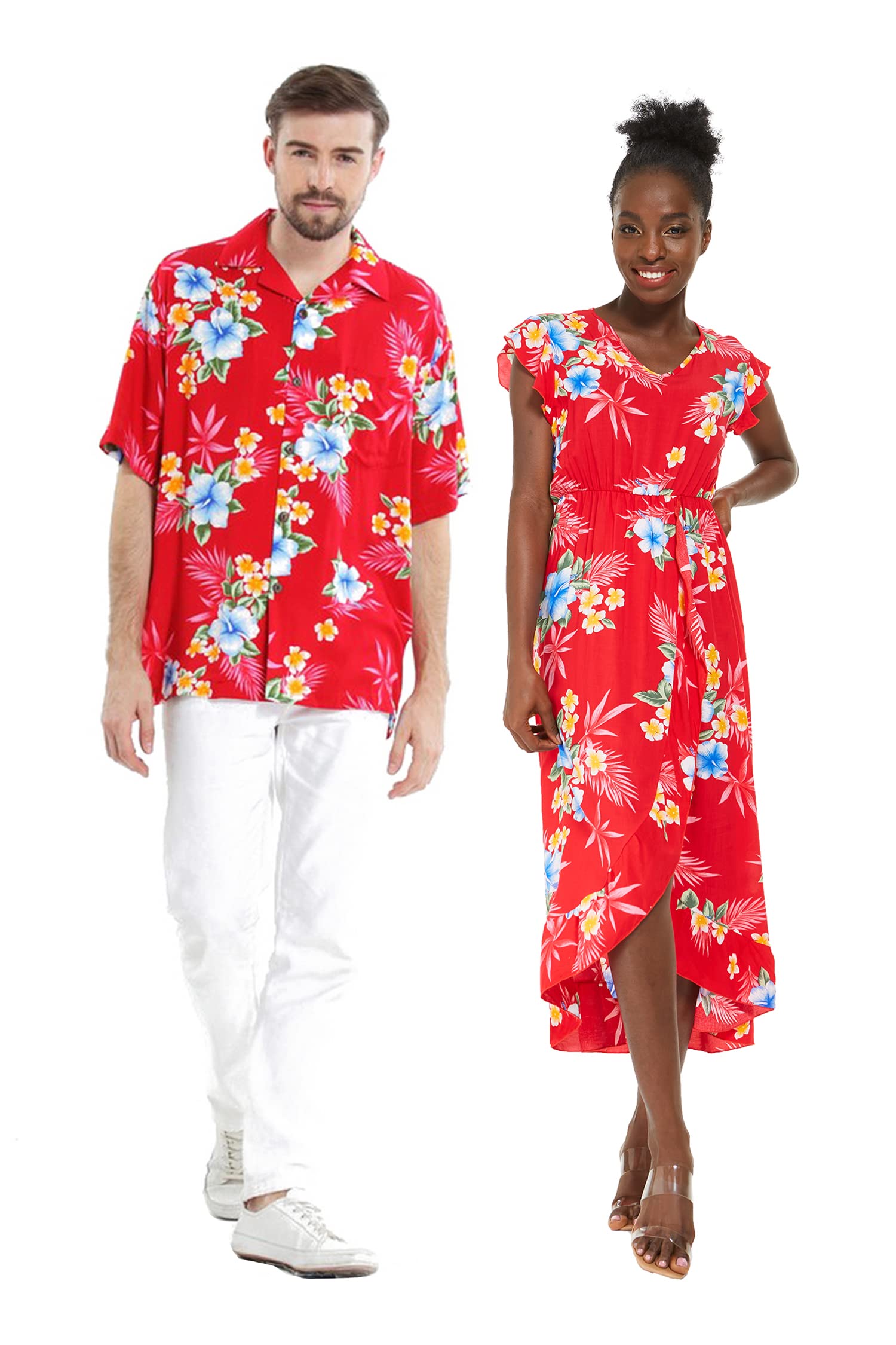 Matching Hawaiian Couple Set - Men's Hibiscus Shirt & Women's Wrap Skirt In Royal Blue