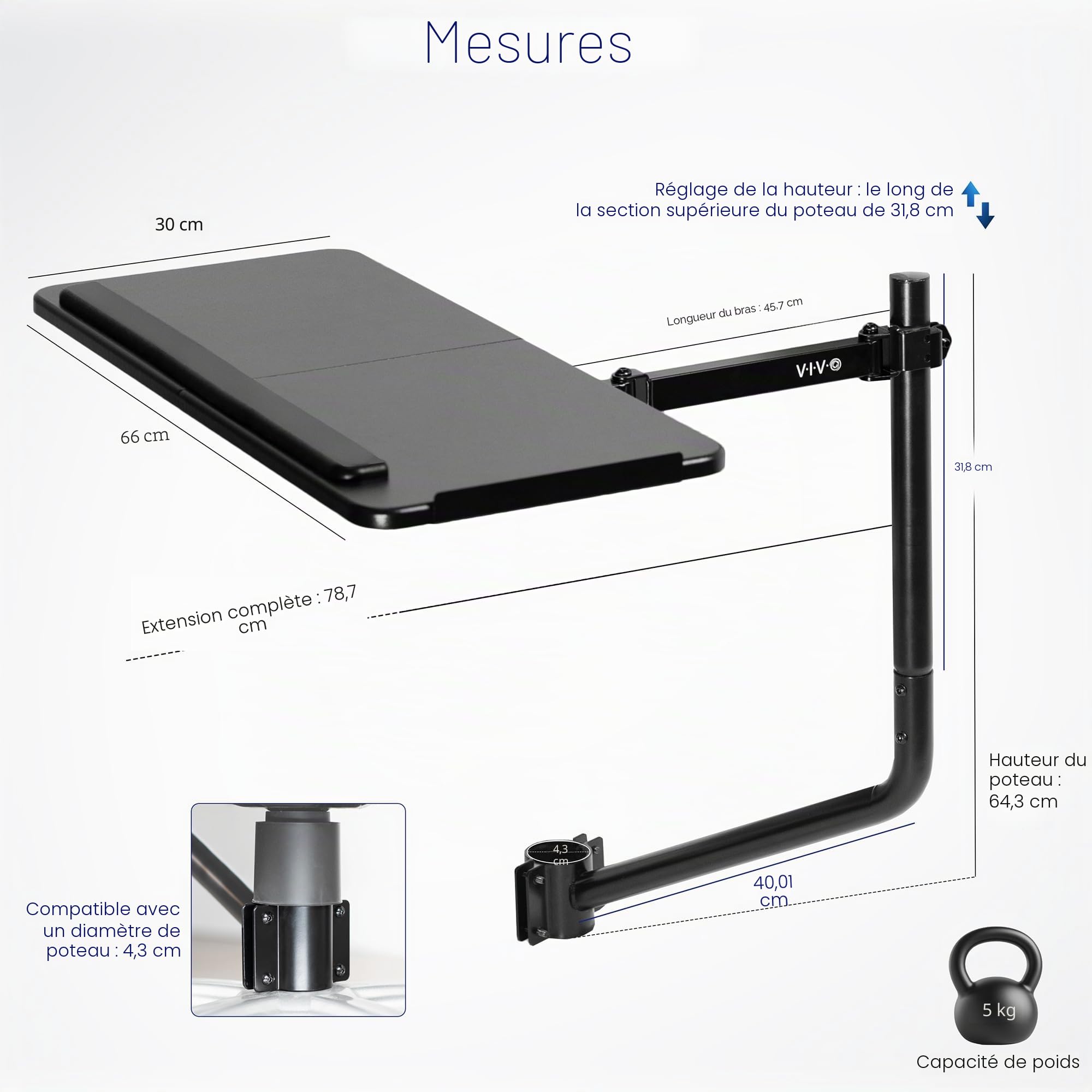 VIVO MOUNT-KB08C Plateau pour clavier et souris monté sur chaise de bureau 66 x 30,5 cm, inclinaison ergonomique, mouvement complet, rotation à 360 degrés, noir