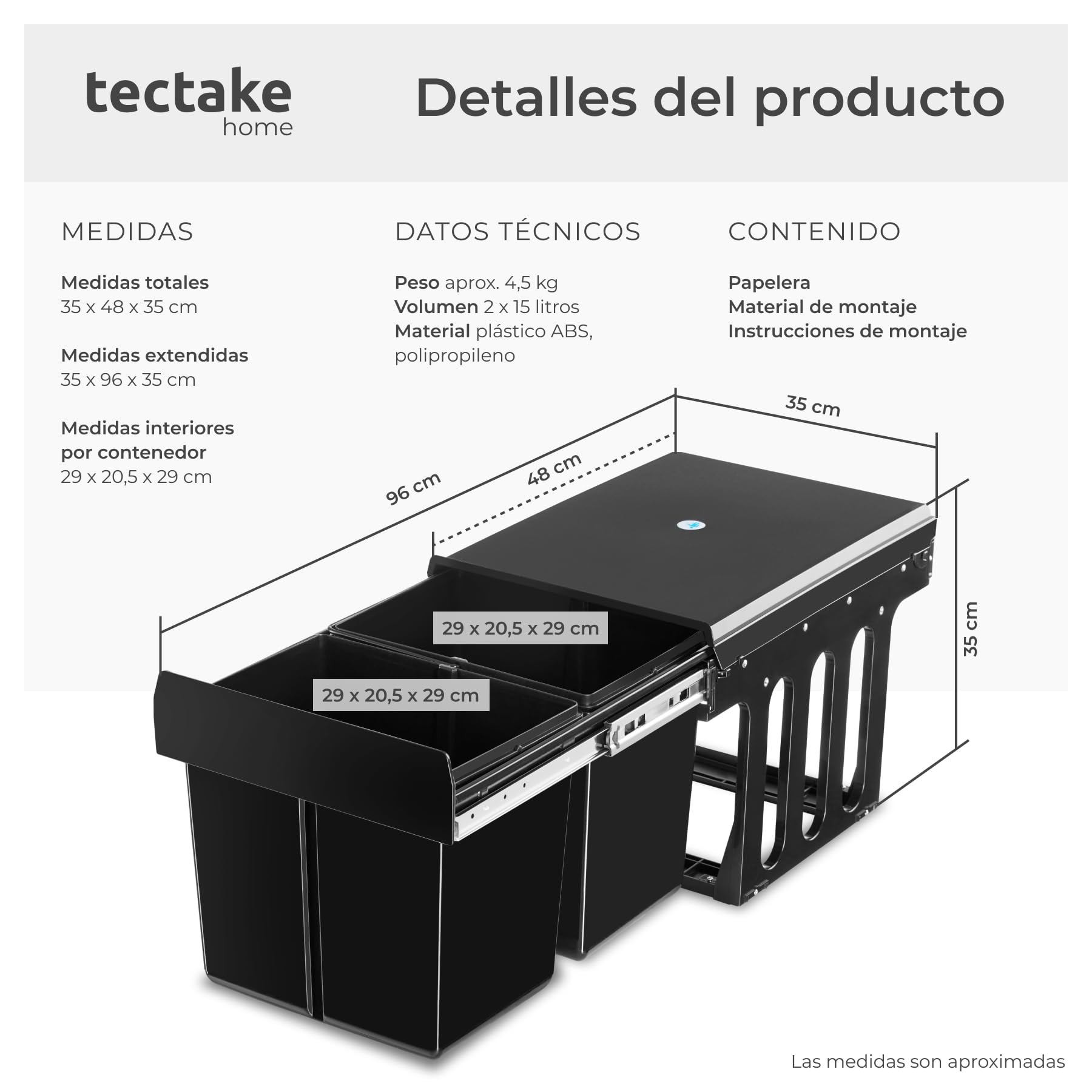 tectake® Cubo de Basura Extraíble, Triple, 30L, Papelera Cocina con Guías Telescópicas, 2 Contenedores Separados para Reciclaje, Cubo Basura Cocina, Fácil Montaje, Material Resistente - 2x 15L