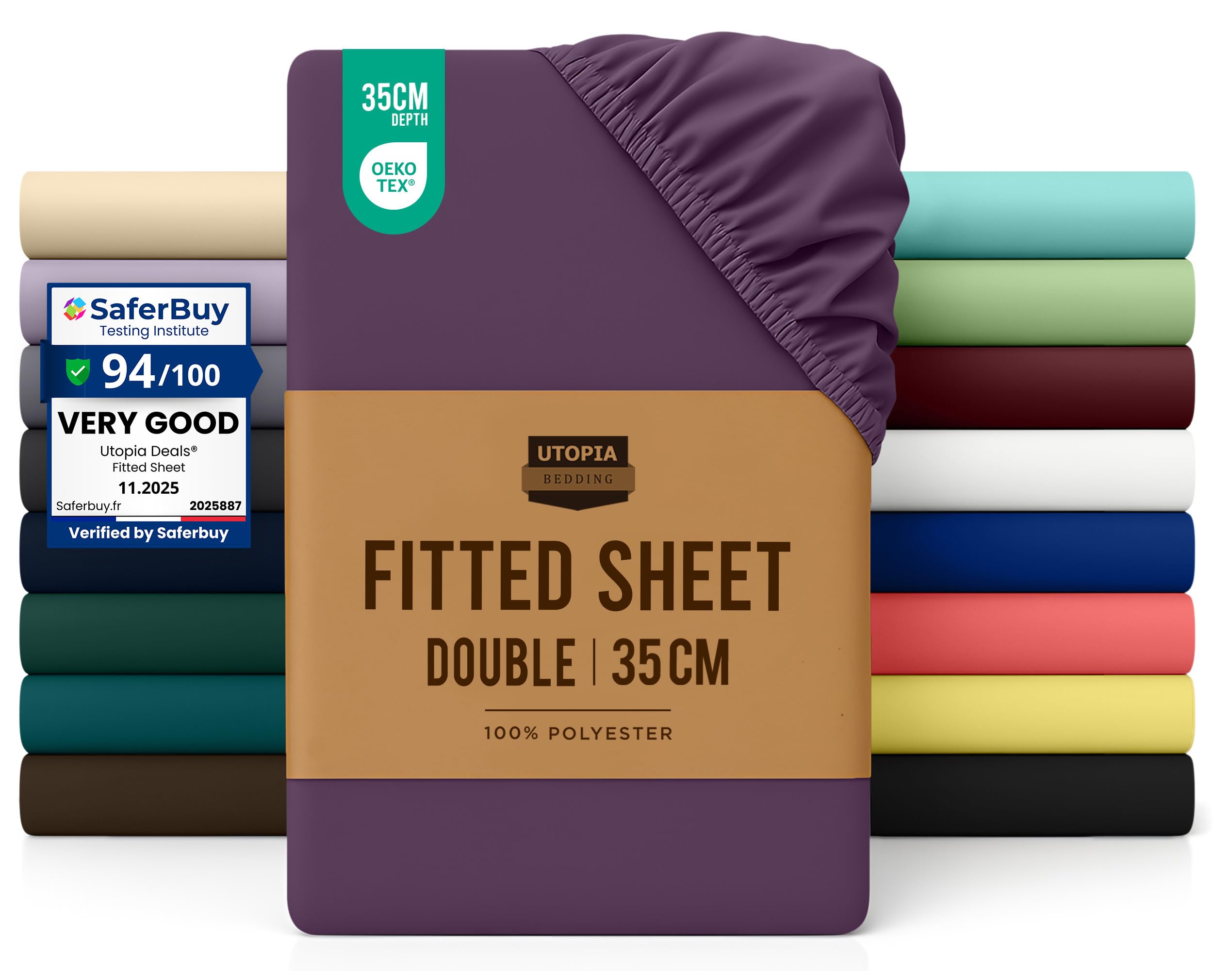 Utopia Bedding Fitted Sheet Double, Purple - Deep Pocket 14 inch (35 cm) - Easy Care - OEKO-TEX Certified - Soft Brushed Microfibre Fabric - Shrinkage and Fade Resistant - Bottom Sheet