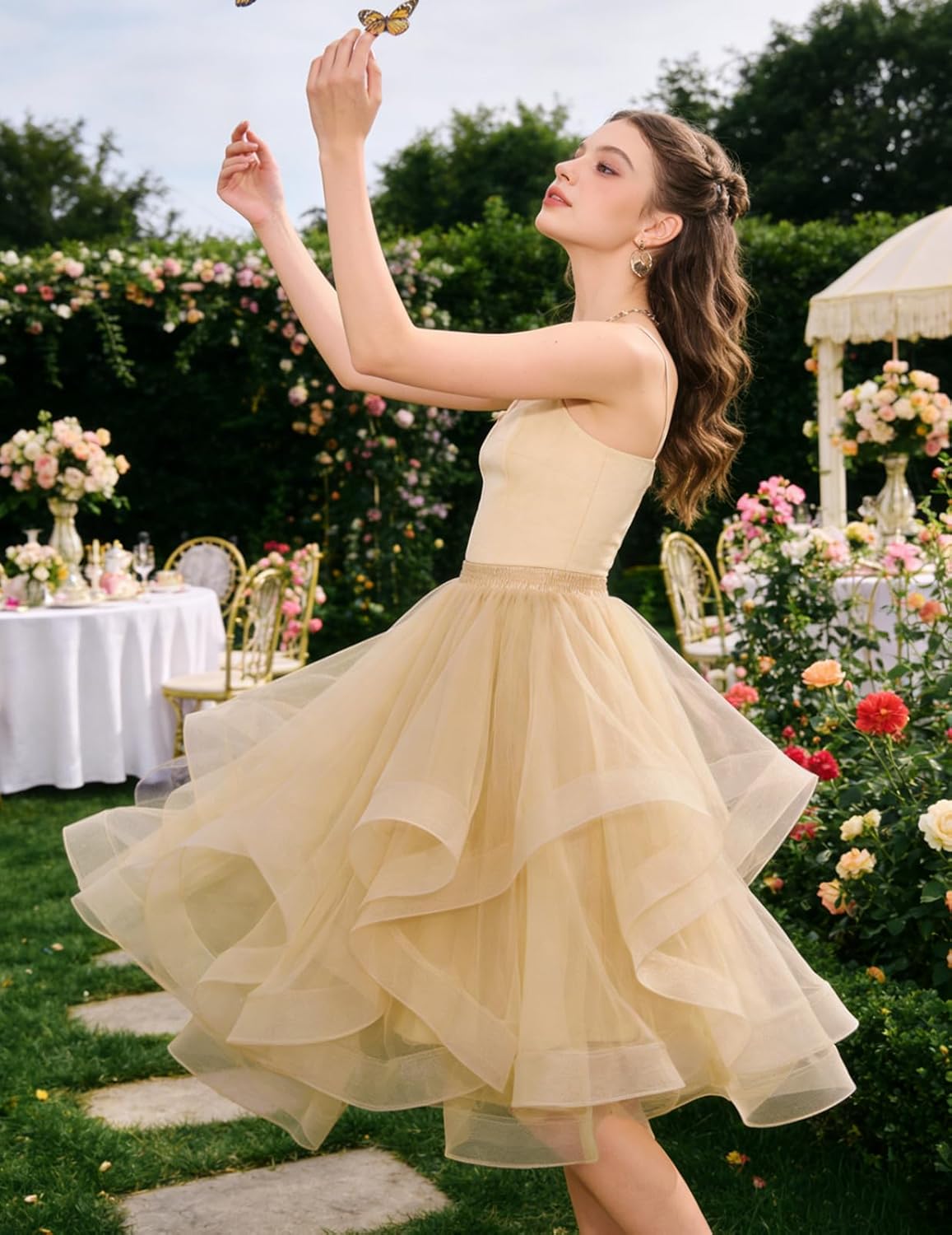 DRESSTELLS Tulle Skirts for Women Midi A Line Elastic High Waist Tiered Layered Puffy Wedding Party Tutu Skirt