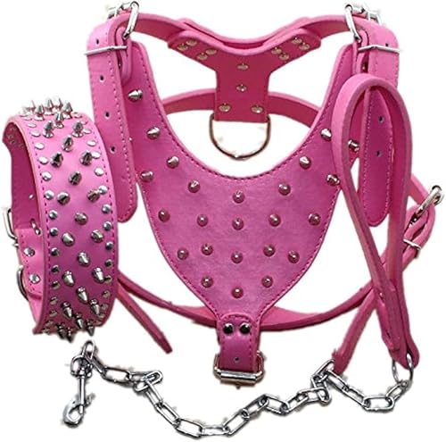 Miniatura 7 de Juego de arnés y collar de cuero para perro, adecuado para razas grandes, Bull Terriers, Dobermans, arnés de cuero duradero con tachuelas de metal y