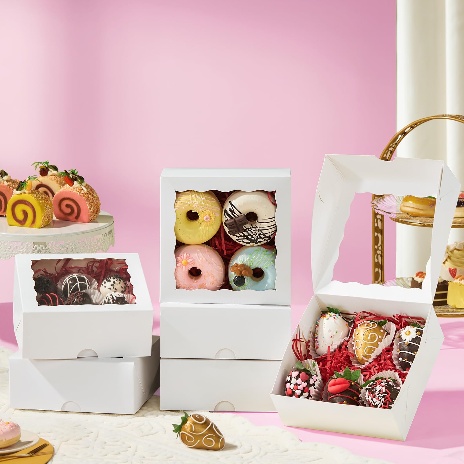 SLShePack 55Pcs 6x6x2½ Witte Bakkerij Dozen Met Venster Koekjes Dozen Kleine Cake Dozen Macaron Dozen Taart Dozen Truffel Chocolade Dozen