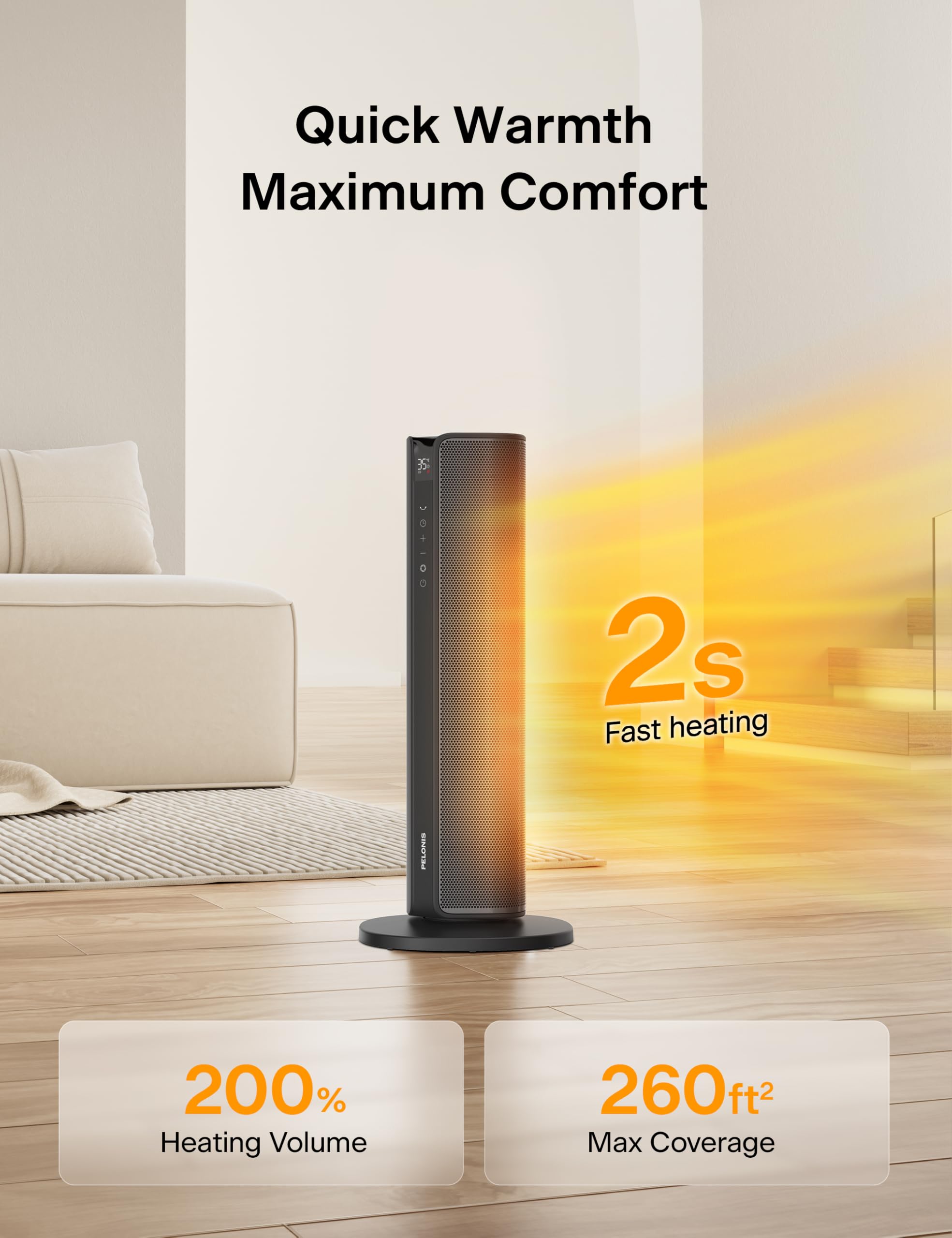 PELONIS - Ventilatore elettrico da 2000 W con telecomando, riscaldamento rapido 2S, oscillazione 75°, modalità ECO, surriscaldamento, protezione antiribaltamento, termoventilatore in ceramica a bassa
