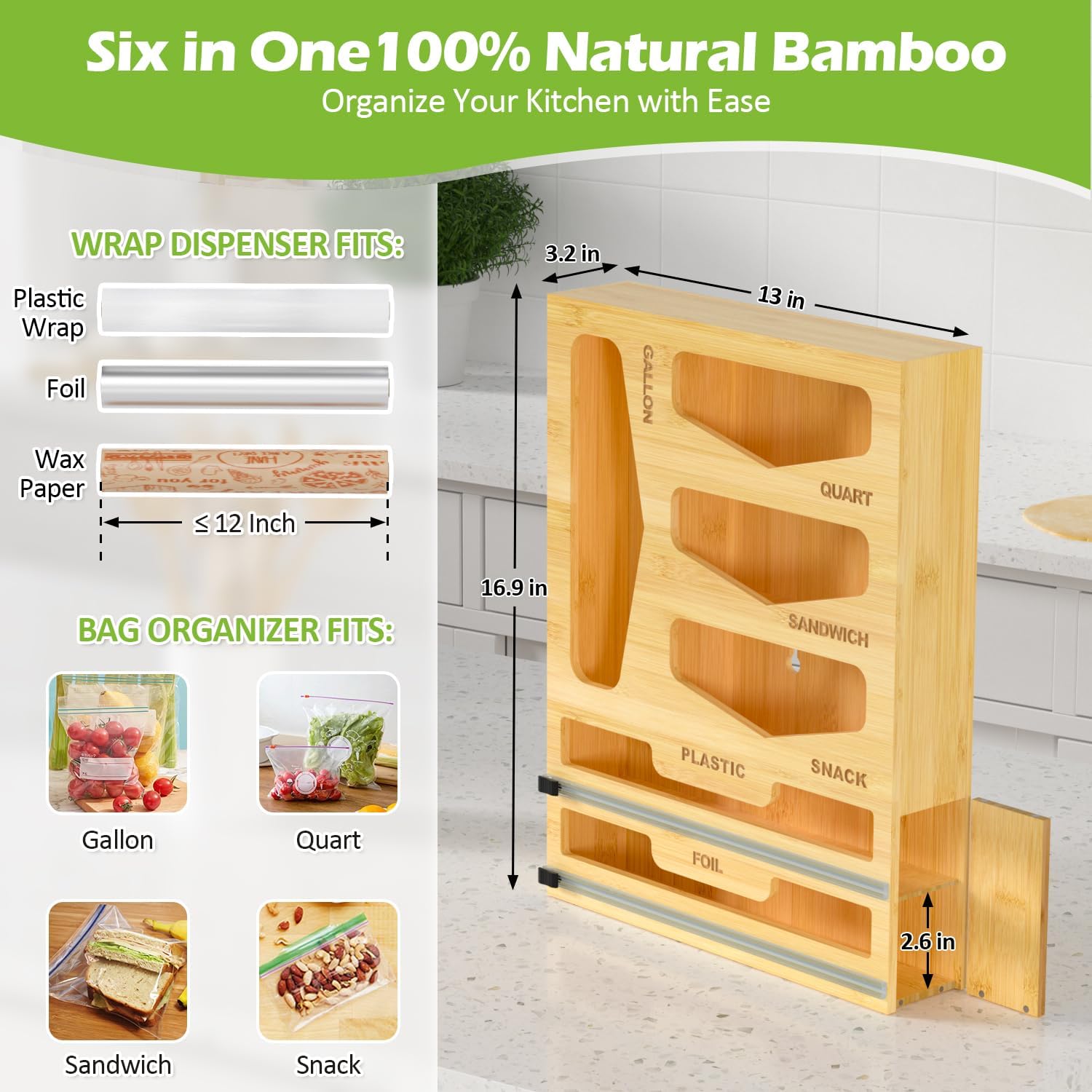 LUYABA 6 in 1 Bag Organizer and Wrap Dispenser with Magnetic Lid - Plastic Wrap Dispenser with Cutter for Kitchen Drawer, Storage for Gallon, Quart, Sandwich, Snack Bags, and Foil Beige