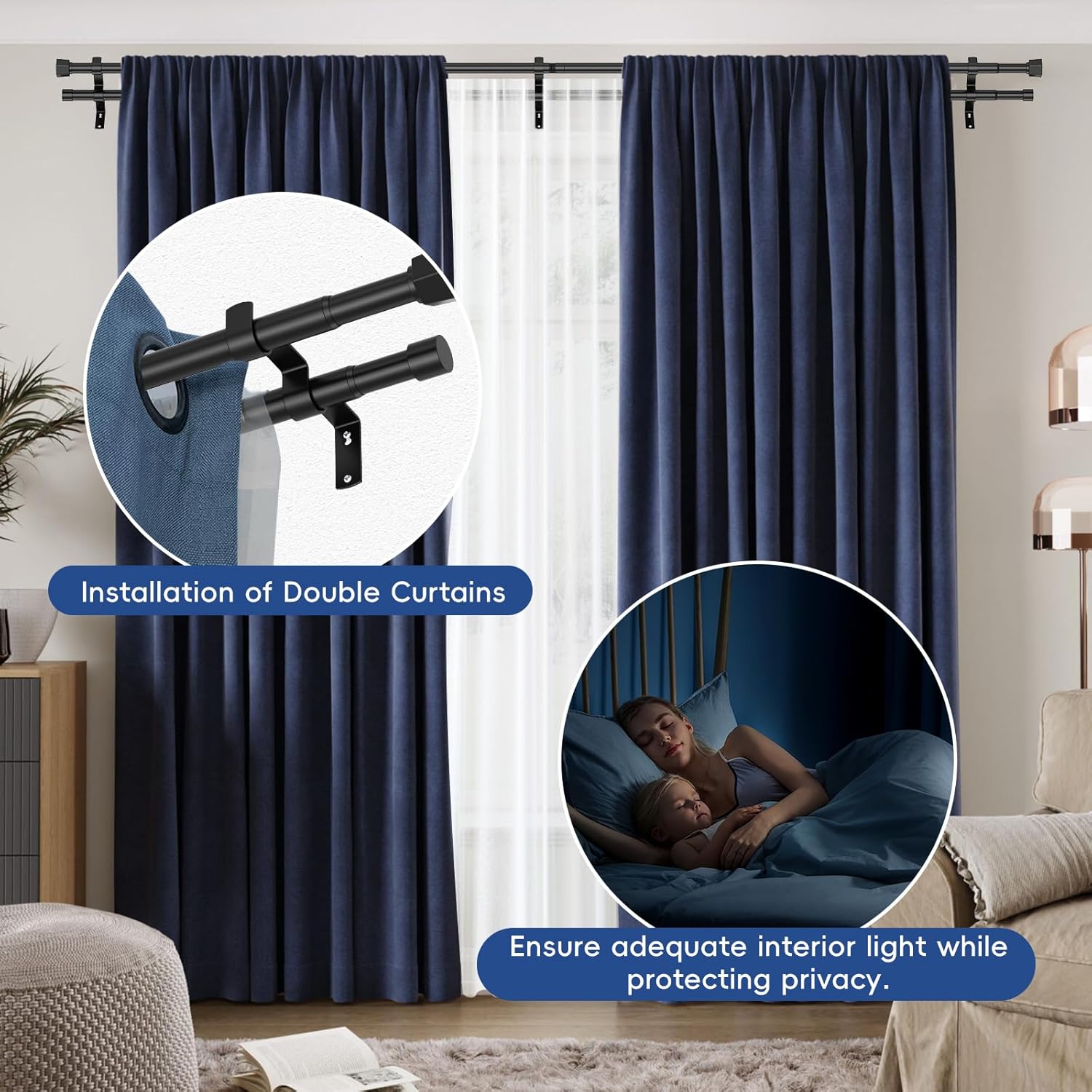 Black Double Curtain Rods for Windows,1 Inch Modern Heavy Duty Double Curtain Rod 30 to 100 Inch for Windows,Easy to Install, with Stable Brackets, Suitable for Bedrooms and Outdoors