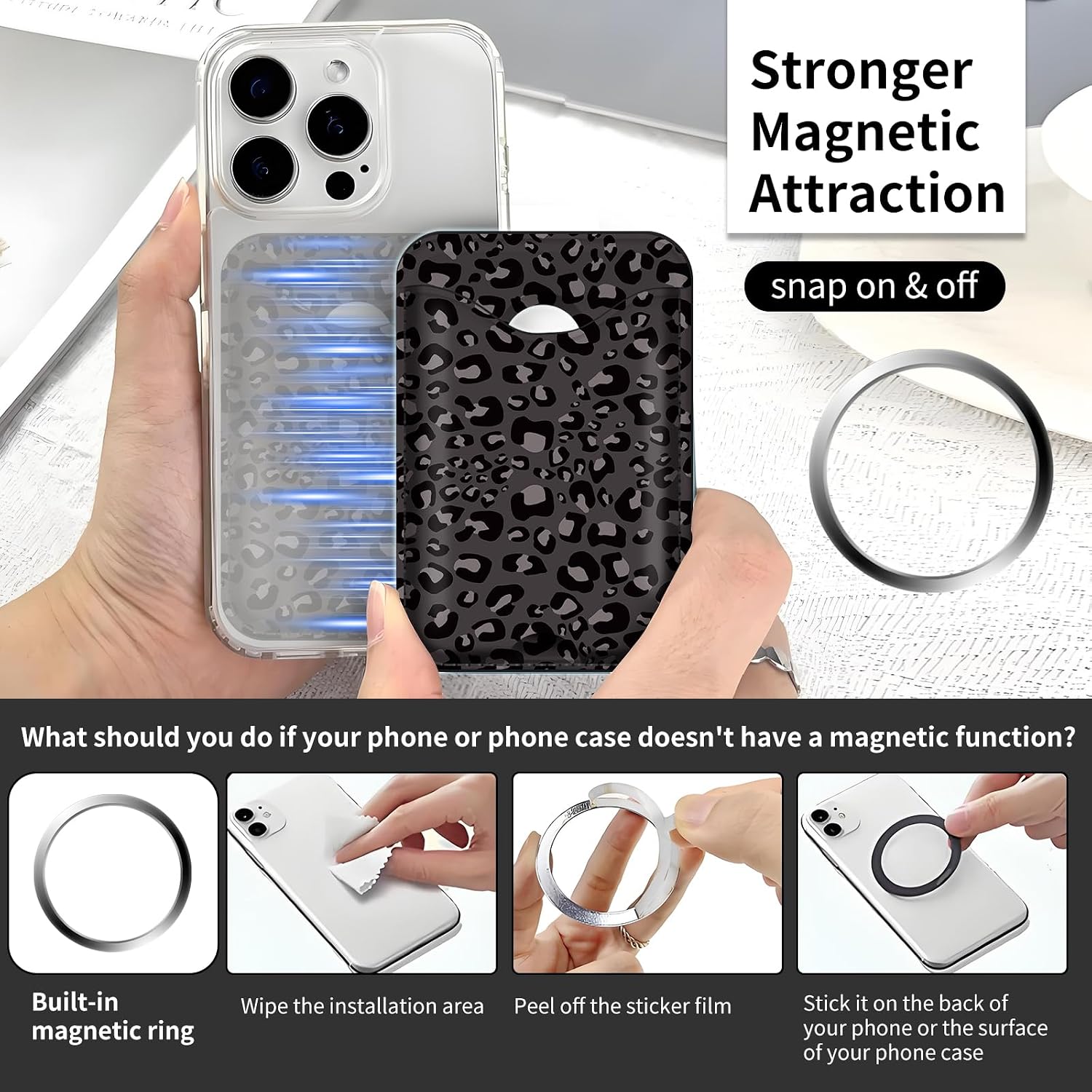 Compatible with Magsafe Wallet Magnetic Phone Card Holder for Phone Case, Cute Leather Stronger Magnetic RFID Phone Wallet for Women Men Black Leopard Spots image 2