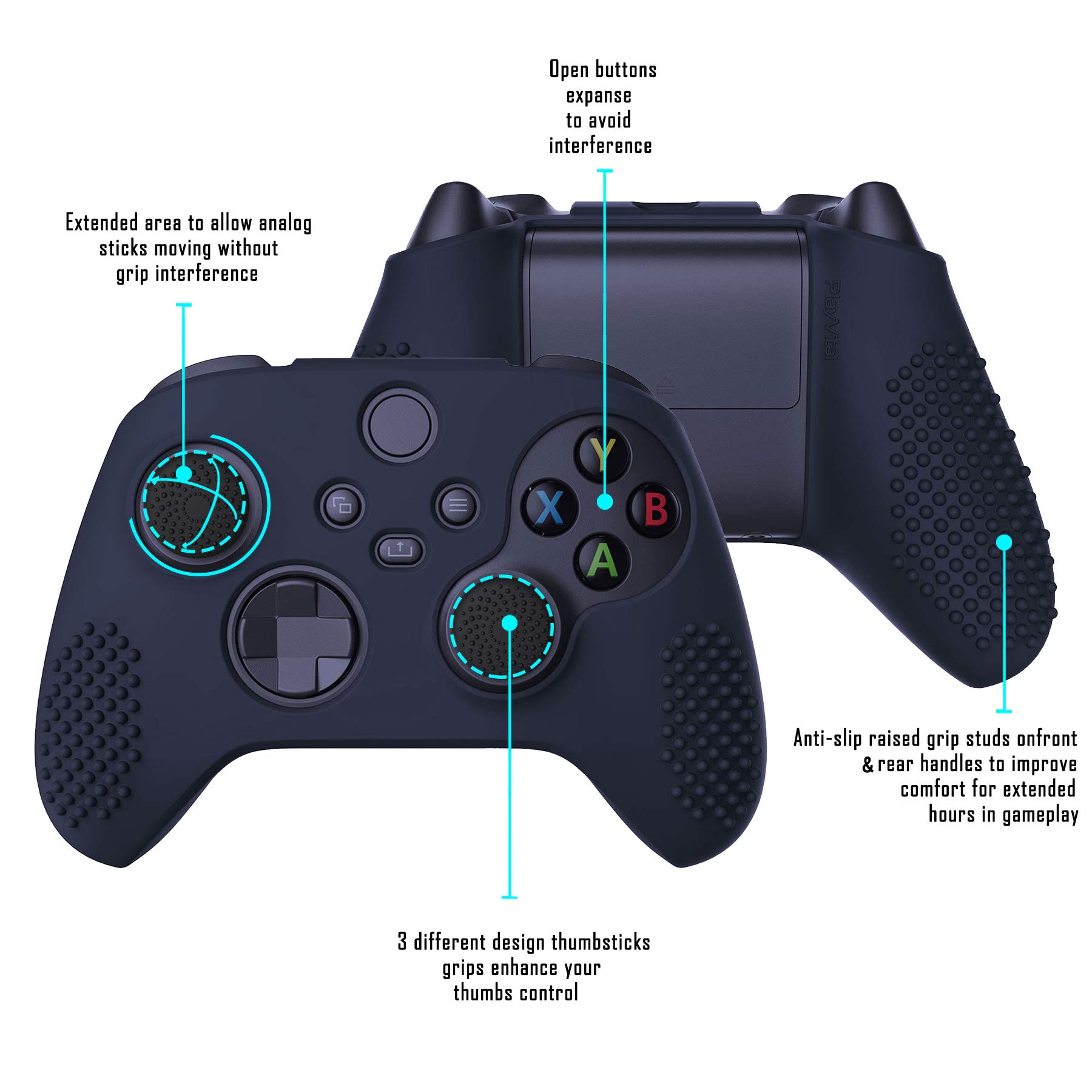 eXtremeRate PlayVital 3D Studded版Xbox Series X/Sコントローラーに対応用アンチスリップシリコーンカバースキン、黒い親指グリップキャップ6つ付き、Xbox Coreワイヤレスコントローラ対応用ソフトラバーケースプロテクター【ミッドナイトブルー】 - 3