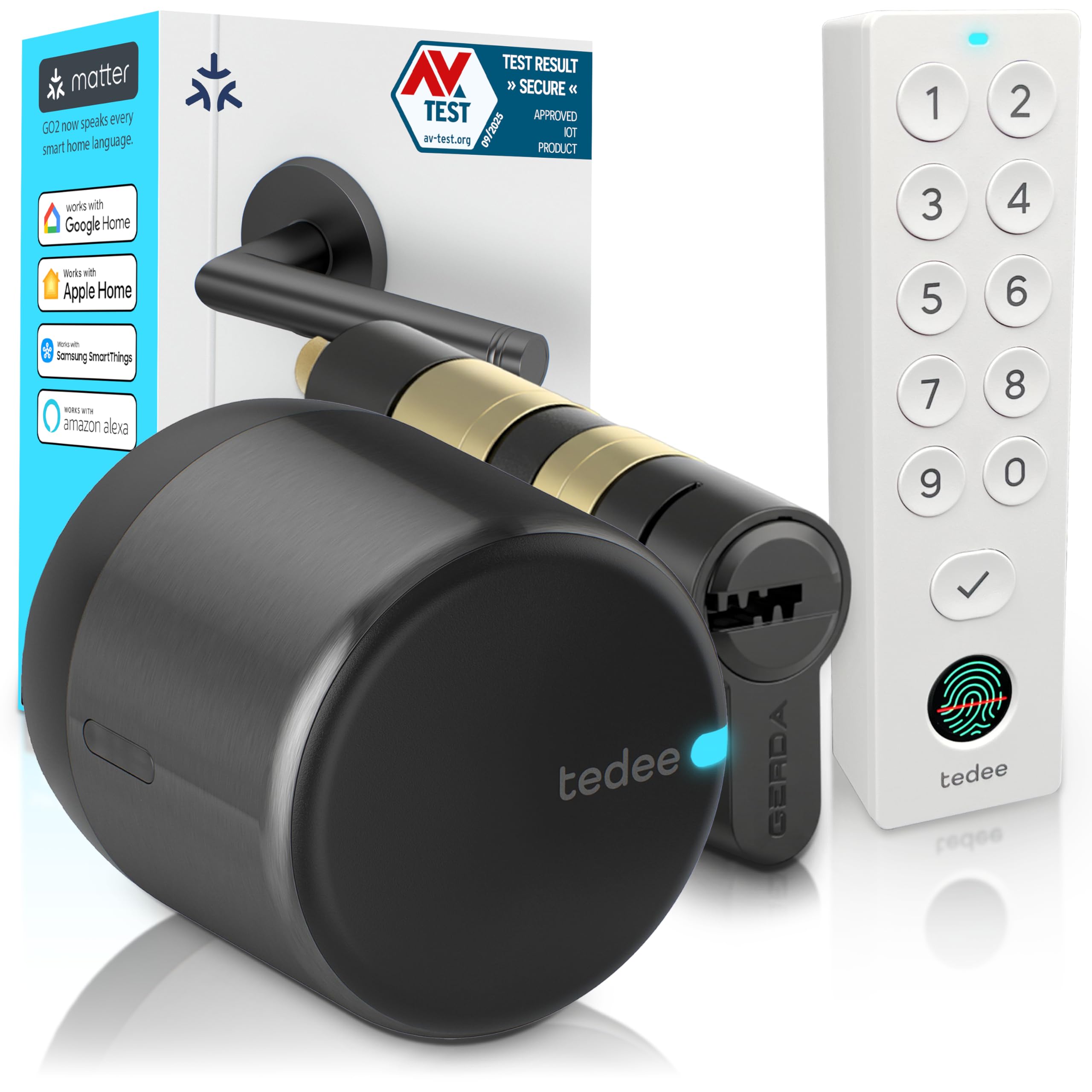 Tedee GO2 Alu Serrure Intelligente Connectée avec Keypad PRO et Cylindre EXXO Smart | Sécurité Classe 6, Empreinte Digitale, Entrée sans Clé | Compatible Matter, Alexa, Google Home, Apple, SmartThing