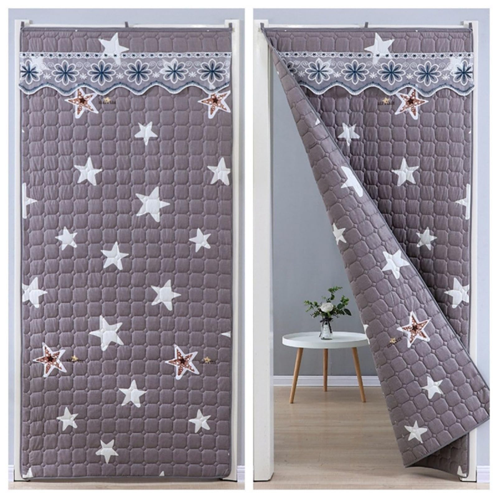 Surwin Cortina de Puerta Aislante Térmica, Invierno Cortina Termica Aislante Frio y Calor Cortina de Puerta con Aislamiento Acustico para Exterior Interior (70 * 200cm,Estrella Gris)