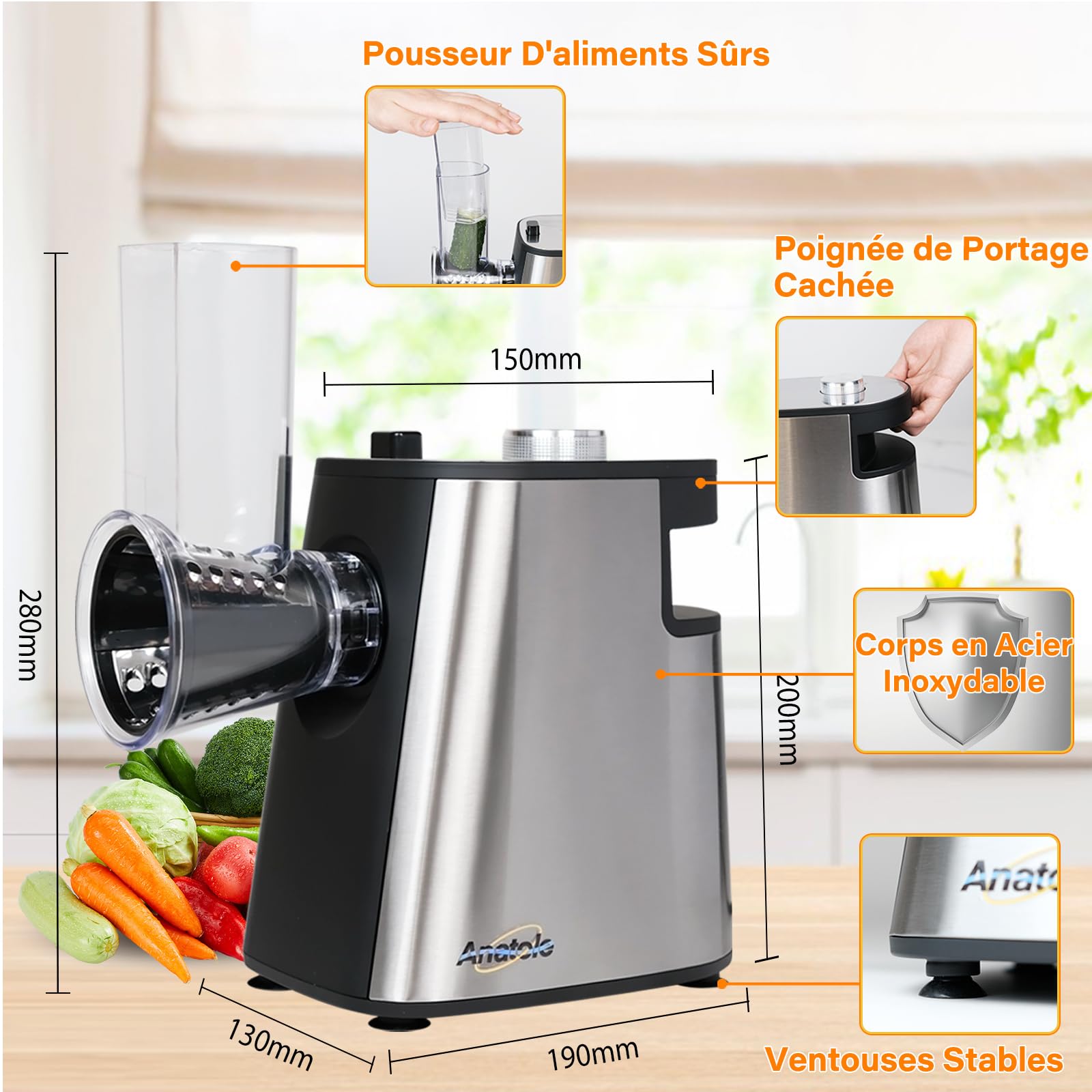 Anatole Coupe Légumes Électrique Rape à Fromage Acier Inox 250W Trancheuse de Légumes Professionnel Rapeuse Carotte Multifonctions Spiraliseur de Cuisine avec 5 Lames 220V Fiche UE