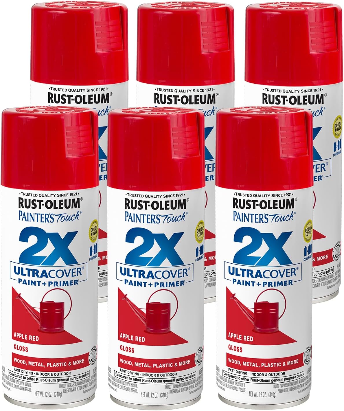 Rust-Oleum 334024-6PK Painter's Touch 2X Ultra Cover Spray Paint, 12 oz, Gloss Apple Red, 6 Pack